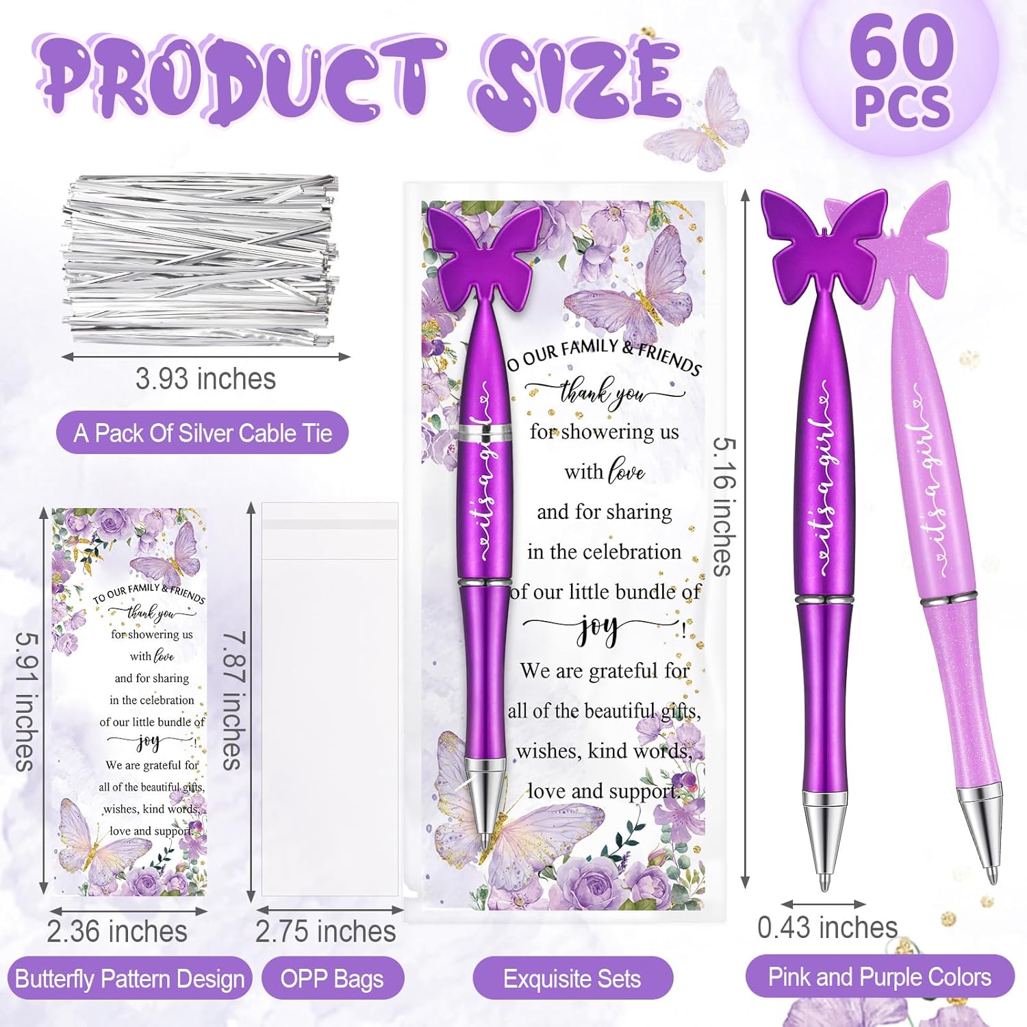 Spakon 60 Set Butterfly Favors for Guest Butterfly Ballpoint Pens Thanks You Cards Gifts Bulk for Souvenirs Prizes Wedding Party Favors(Purple)