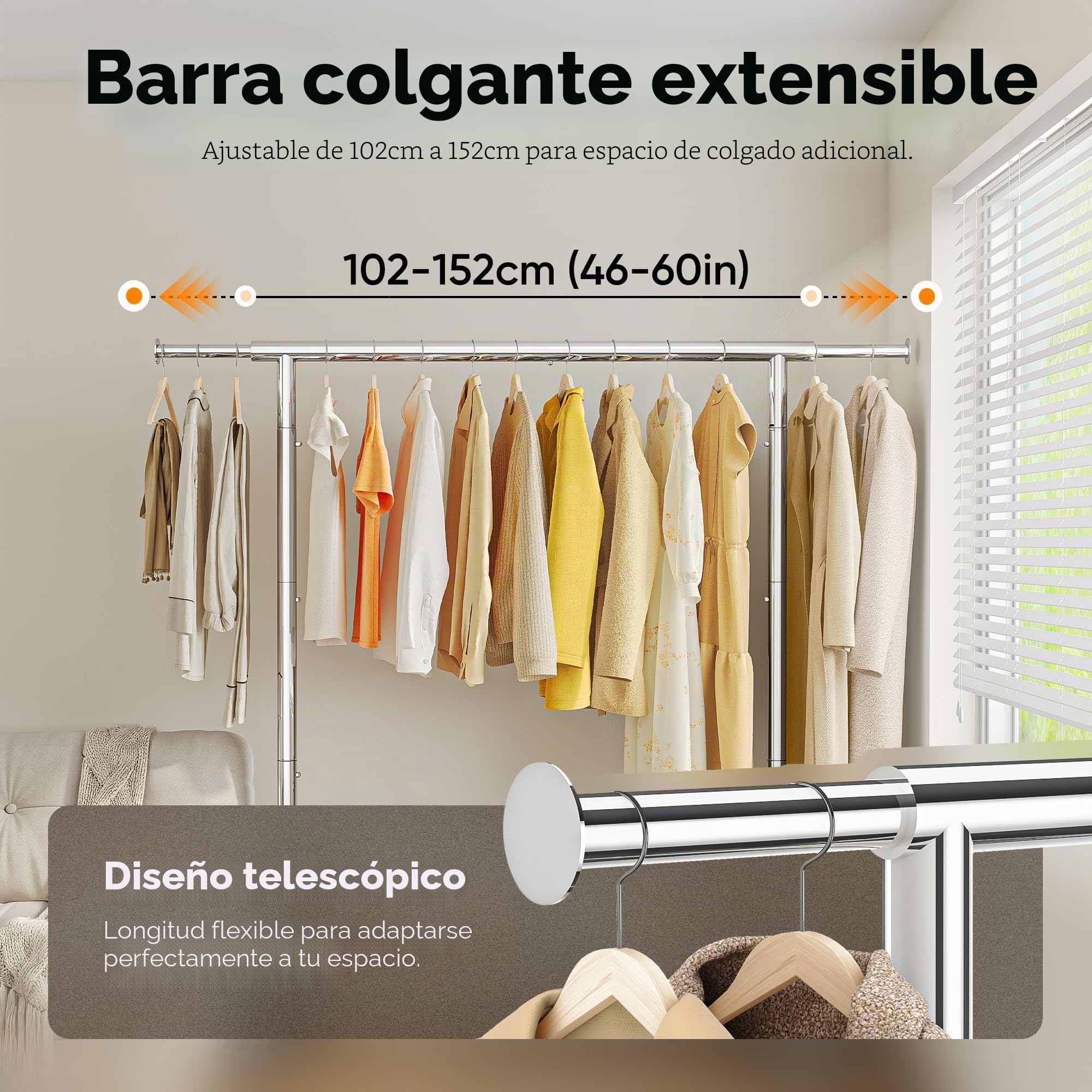 HOKEEPER Perchero resistente de 136 kg de capacidad, perchero extensible con ruedas y estantes bloqueables, ahorro de espacio para dormitorio, apartamento pequeño, lavandería, color plateado