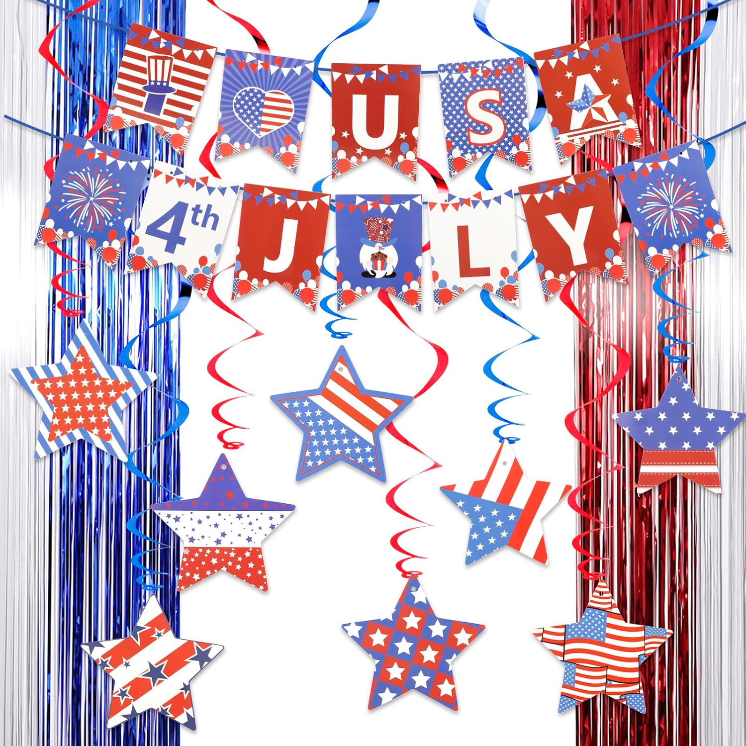 4th of July Decorations Set Red White and Blue Decorations, Including LOVE USA Banner Foil Fringe Curtains Hanging Swirls for America Patriotic Party, Memorial Day, Independence Day, Labor Day