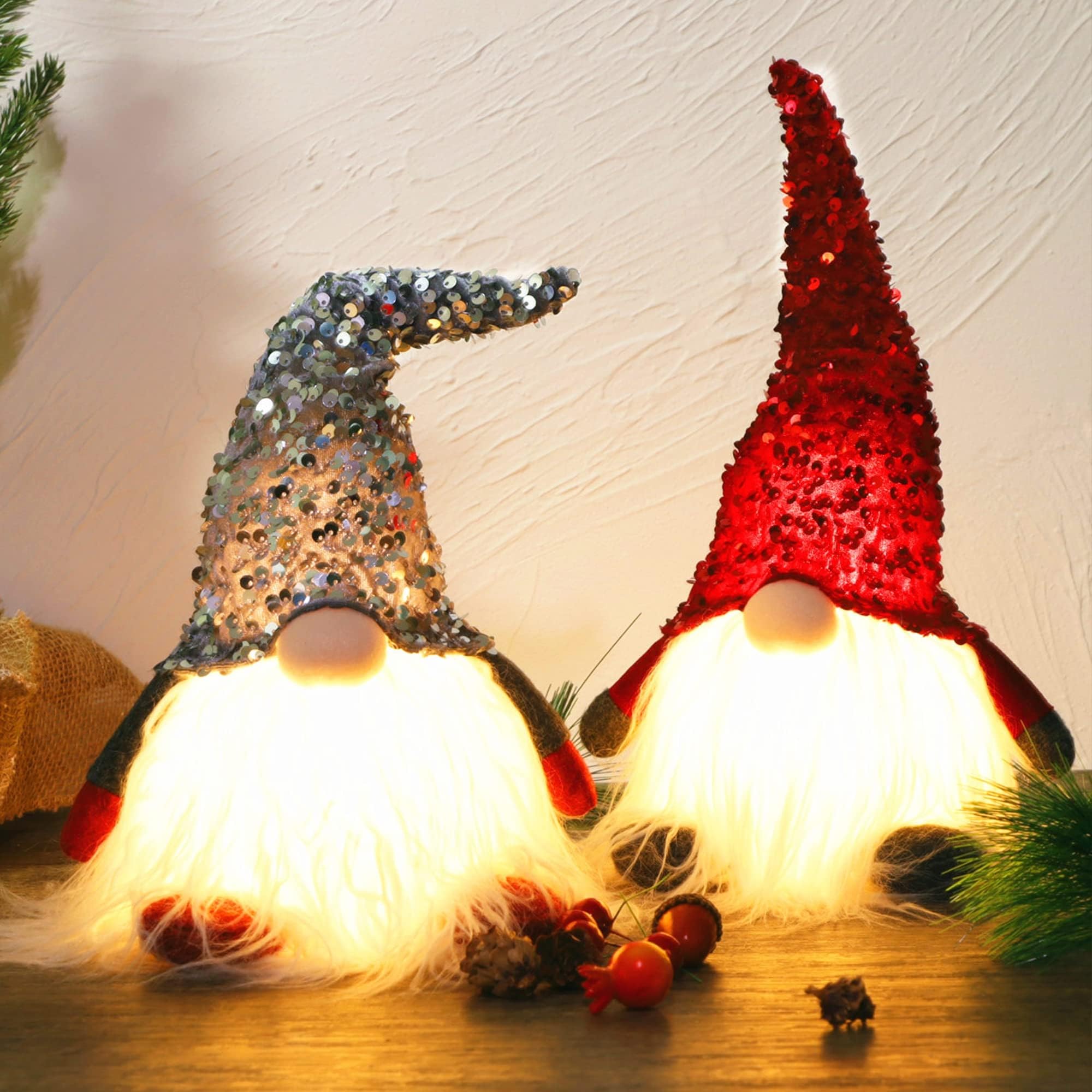 Juegoal12" Lighted Christmas Gnome, Handmade Sequins Hat Scandinavian Swedish Tomte, Light Up Plush Elf Toy Holiday Present, Battery Operated Winter Tabletop Christmas Decorations, 2 Set