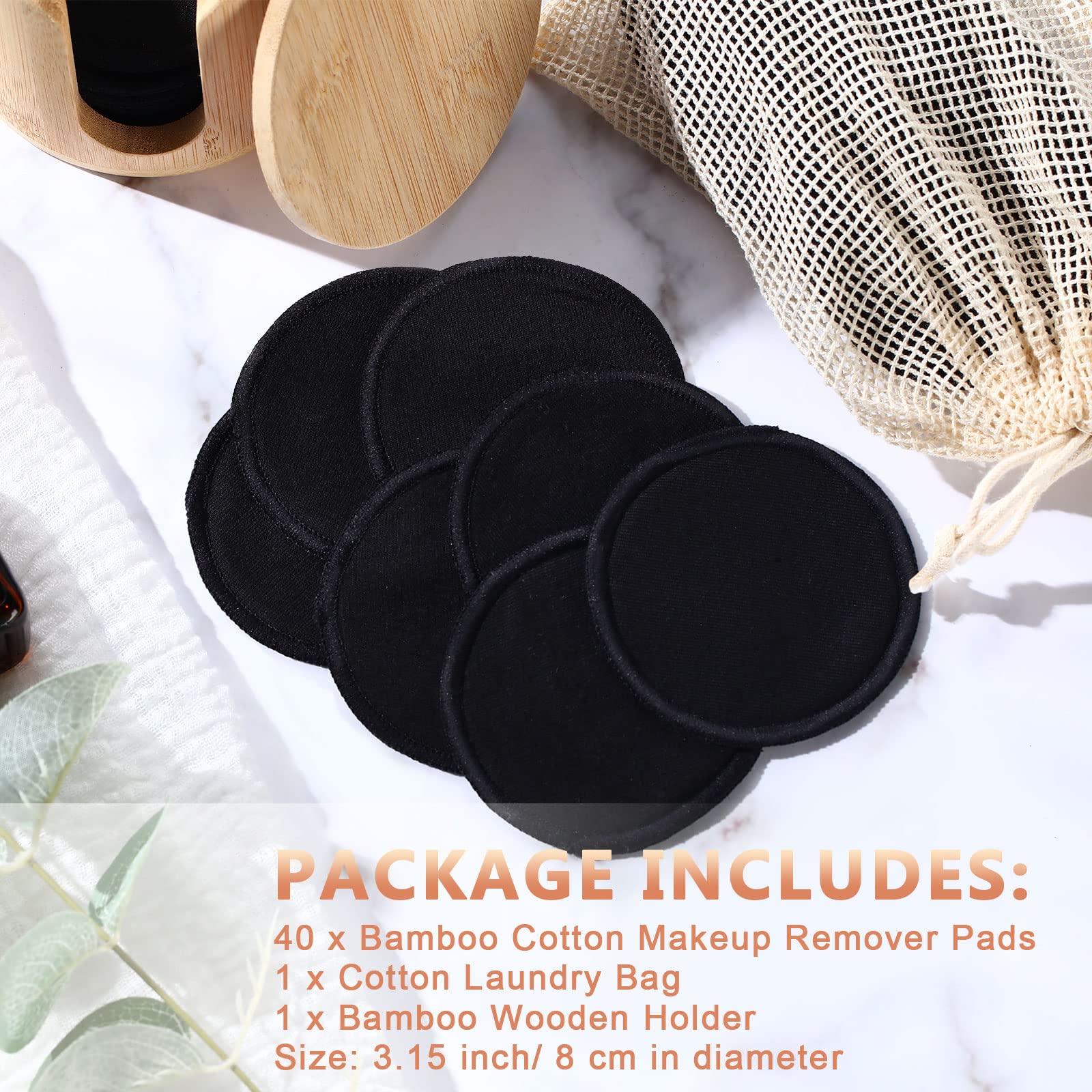 40 Stück wiederverwendbare Make-up-Entferner-Pads, natürliche waschbare Bambus-Baumwolle, runde für die meisten Hauttypen, waschbares Make-up-Pad für Toner mit Bambushalter und Wäschesack (schwarz)