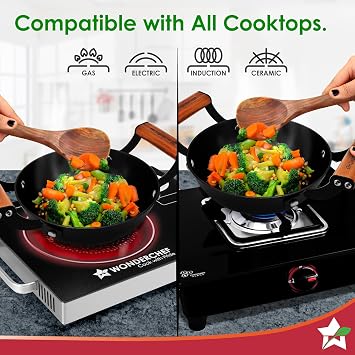 Wonderchef Pre-Seasoned Ferro Light Kadhai 3.2L Acacia Wooden Handles Gravity Moulding Technology No Chemical Coating 10 Year 28cm Black