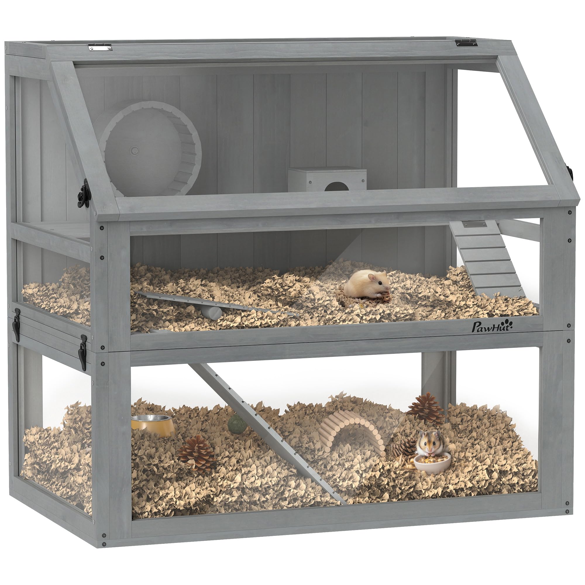 PawHut Hamsterkäfig aus Holz 3 Etagen 80 x 50 x 76 cm Nagerkäfig Kleintierkäfig mit Wippe Laufrad Hütte tiefem Untergeschoss Mäusekäfig für Zwerghamster Hellgrau