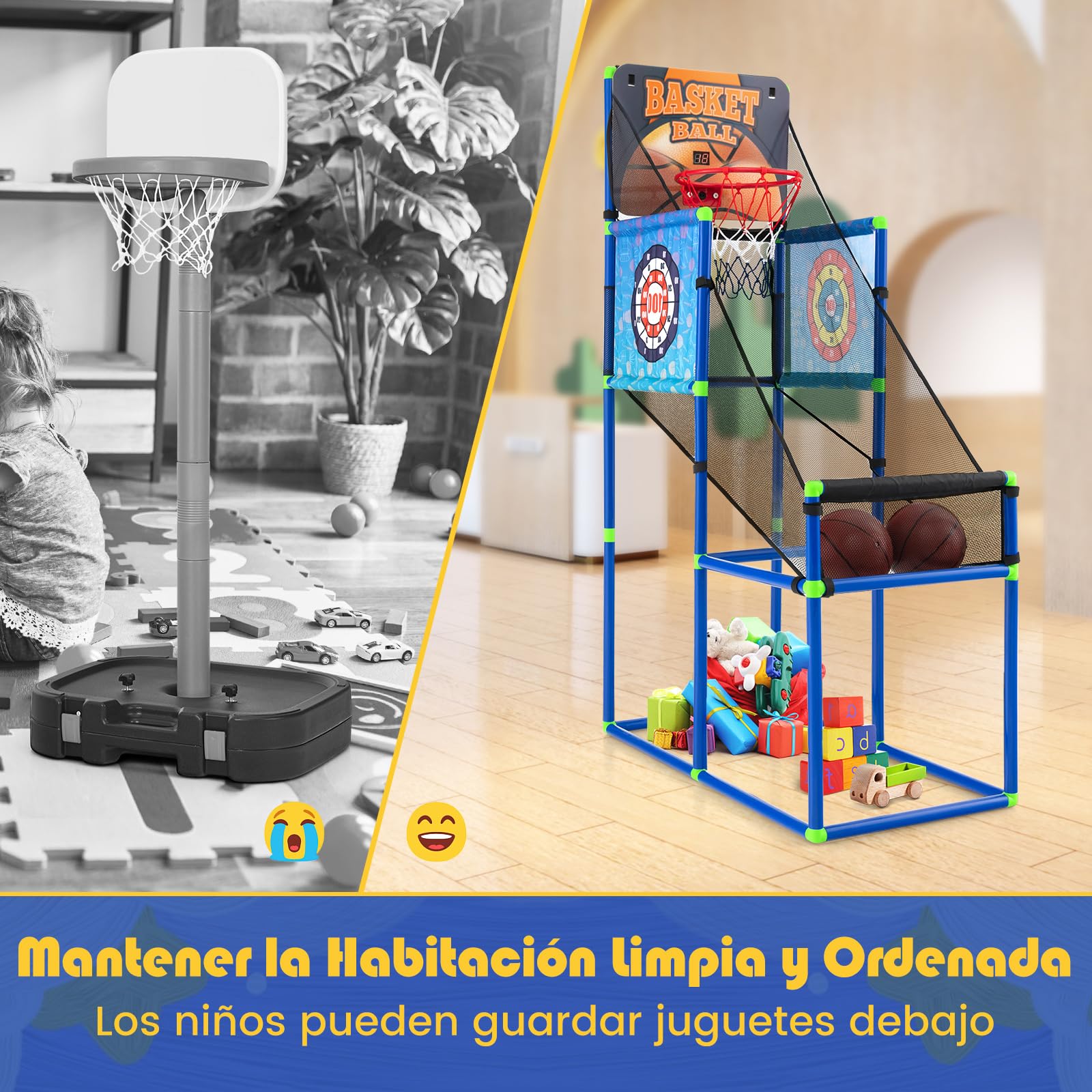 COSTWAY Canasta Baloncesto Infantil, Juego 2 en 1 de Baloncesto y de Pelotas Adhesivas, Marcador Electrónico, Sonido, Juego Deportivo de Arcade para Niños de 3+ Años
