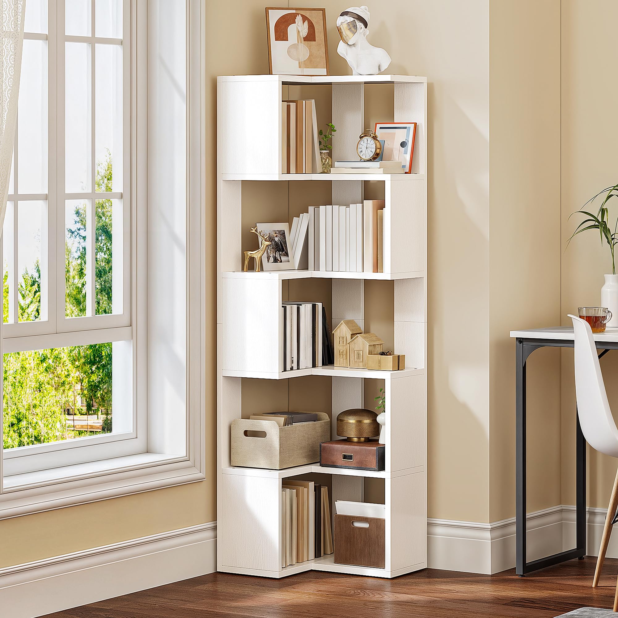 YITAHOME Estantería esquinera de 6 niveles, estantería en forma de L, estantería de pie, estantería de almacenamiento para sala de estar, dormitorio, oficina en casa, sala de estudio, 23.3 pulgadas de