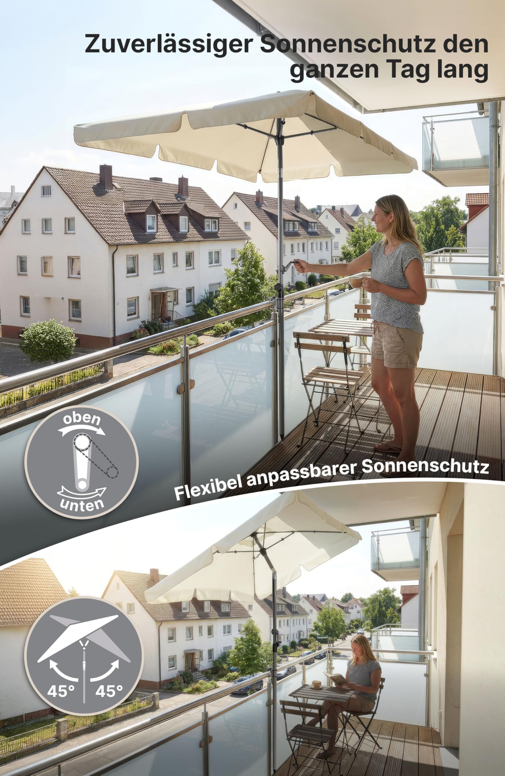 4smile Sonnenschirm Balkon mit Kurbel, mit Schutzhülle, Sonnenschirm rechteckig 200x125 cm, Sonnenschutz Balkon mit UV 50+, Balkonschirm, knickbar und höhenverstellbar, Beige