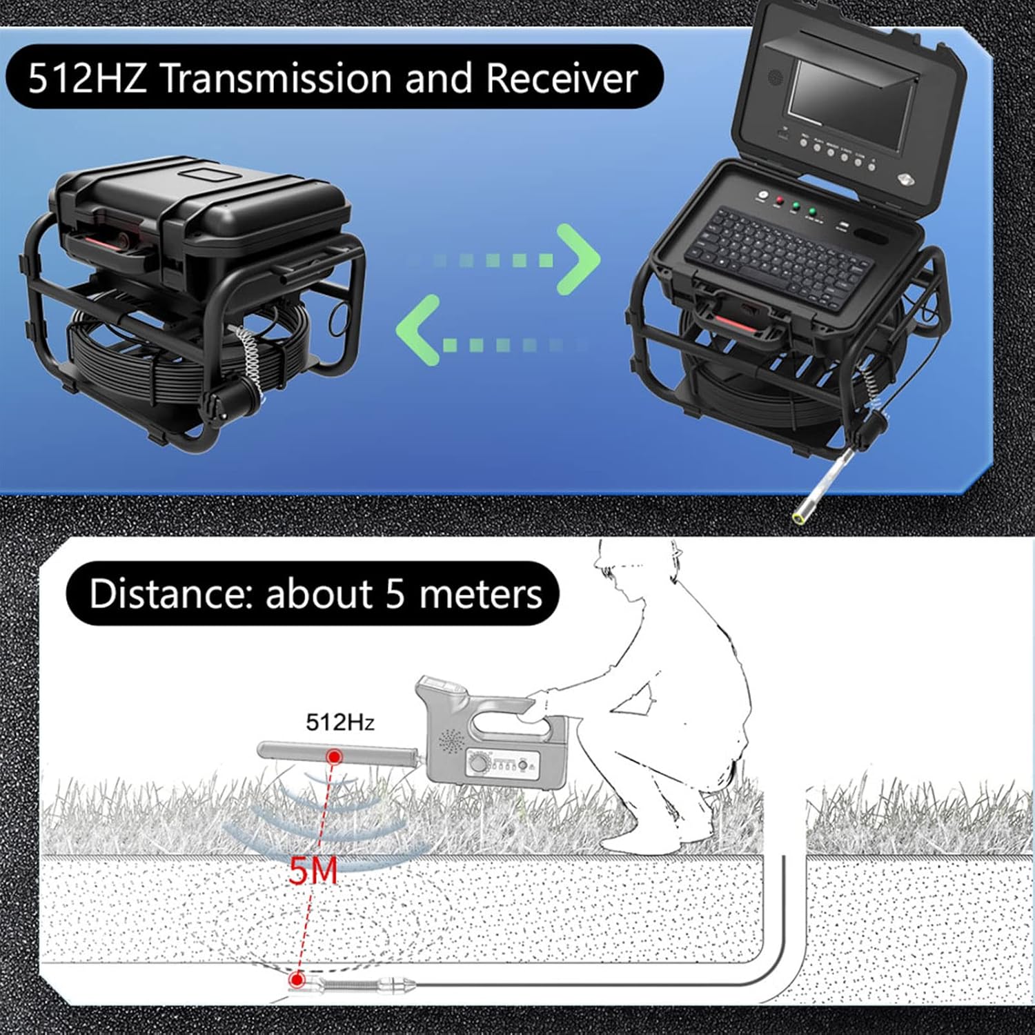 Sewer Camera Built-in 512 Hz Transmitter, Pipeline Inspection Borescope 9" IPS Color Screen, DVR Video Recording, 40M Fiberglass Cable
