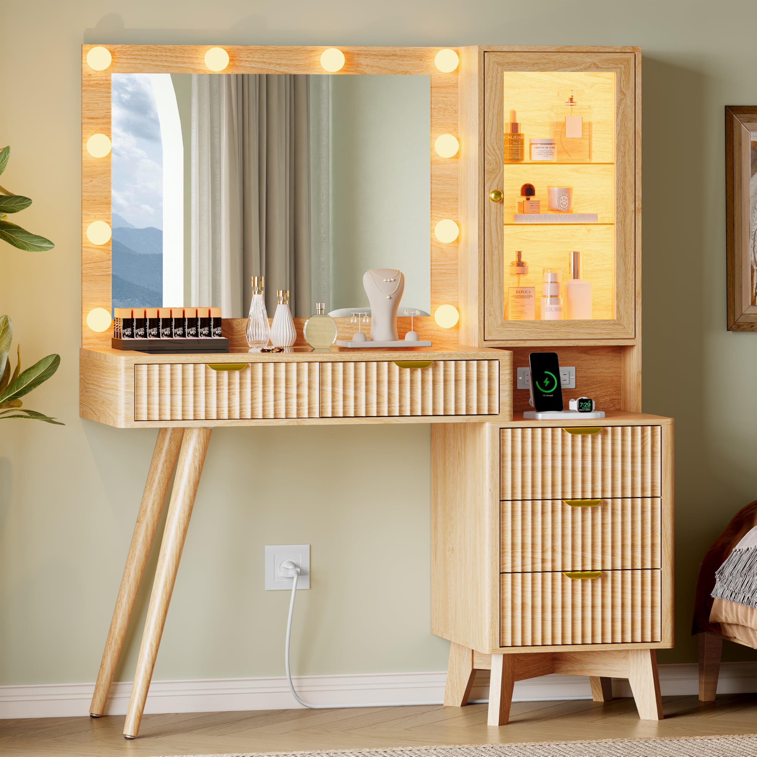 Fluted Vanity Desk with Mirror and Lights, 45" Glass Top Makeup Table Set with 5 Drawers, Power Outlet & Storage Cabinet, Large Dressing Table with RGB Ambient Light for Bedroom Women Girls, Oak