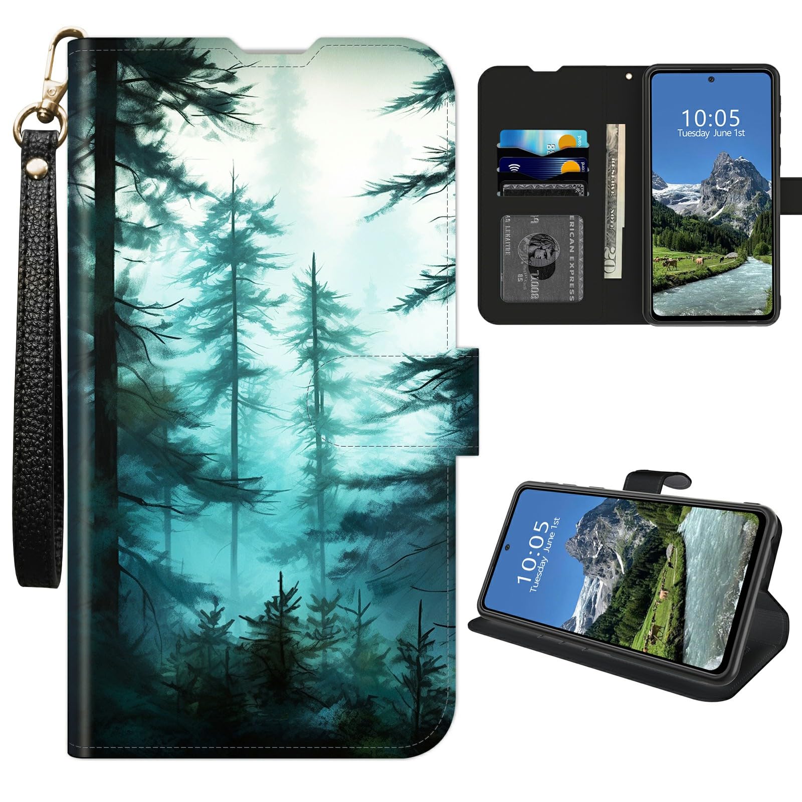 DIGTIALL for iPhone 16 Pro 6.3" Wallet Case with Credit Card Holder and Wrist Strap PU Leather Magnetic Shockproof Kickstand Protective Cover for