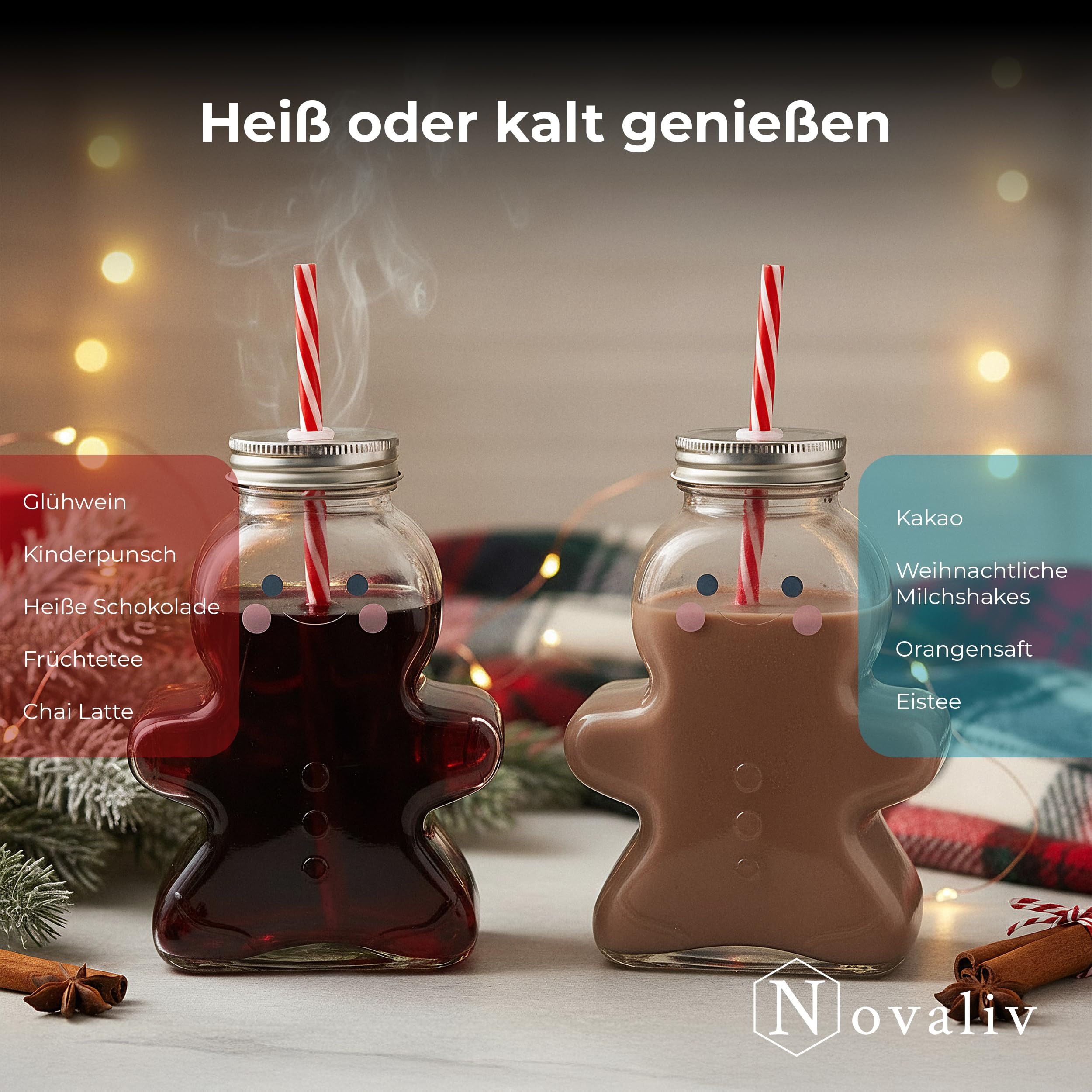 Novaliv 12x Tassen Glühwein 440 ml Personalisierte Weihnachtstasse mit Trinkhalm - Lebkuchenmann als Glühweinbecher - Christbaumkugel Motiv Tasse Tannenbaum Kugel Weihnachtstassen Handwärmer Mugs