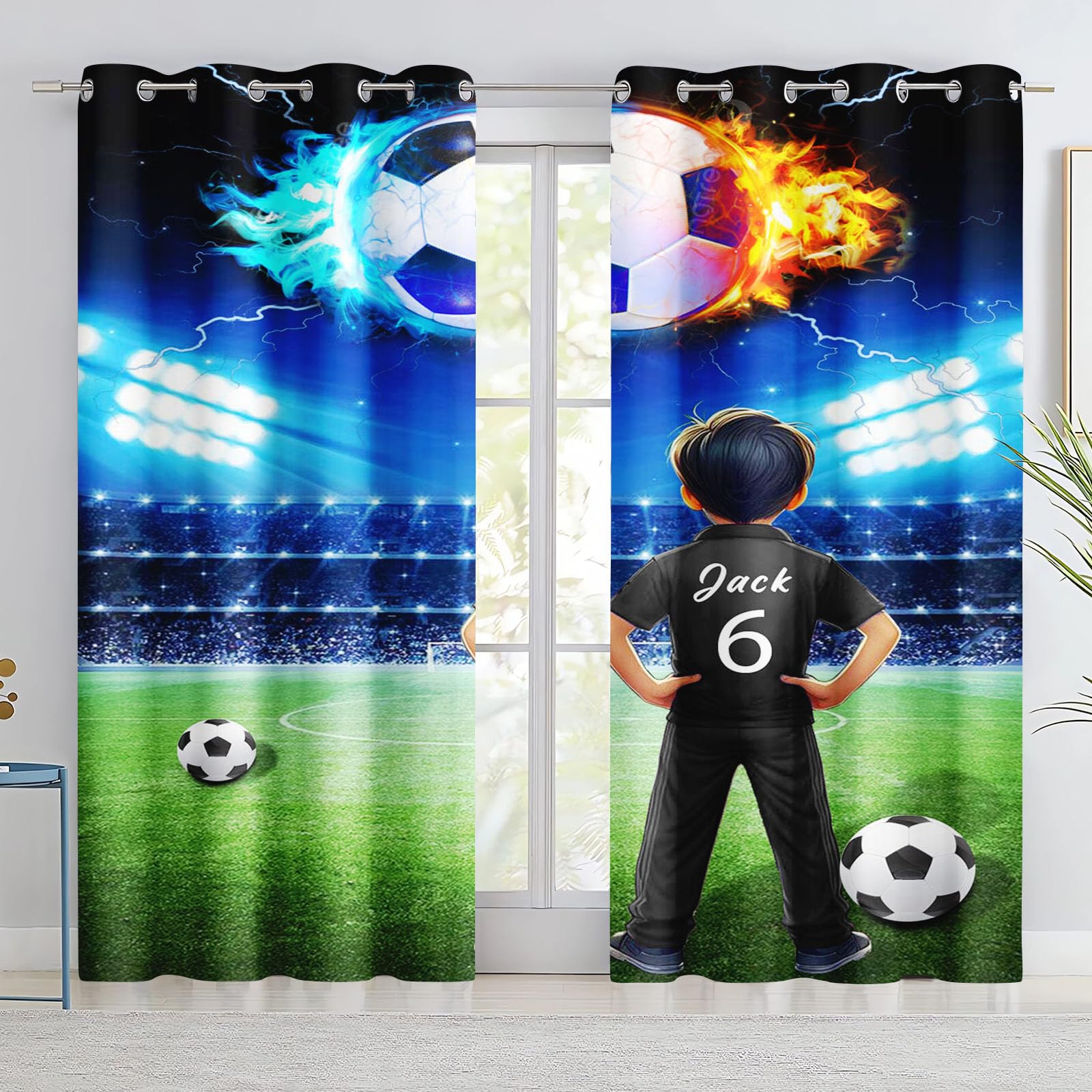 Fußball Vorhänge Blickdicht Verdunkelungsvorhänge Fußball Mit Ösen, Personalisierte Fußball Vorhang Gardinen Verdunklungsgardine 2er Set Für Kinder Jungen (280x180cm(BxH)/ 140x180cmx2,1)