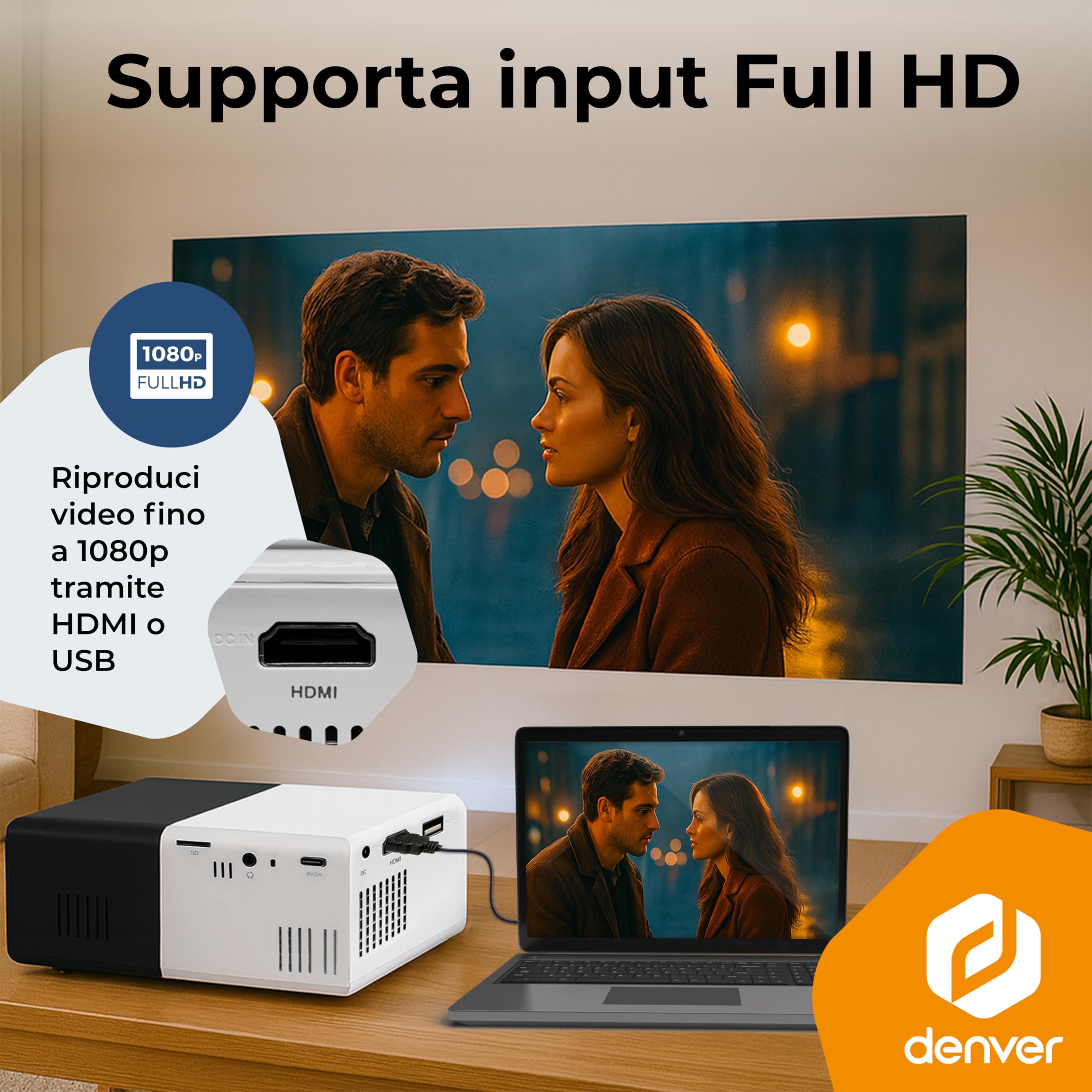 Denver PR-1000 Mini Proiettore LED Portatile Supporta Full HD 1080p con HDMI, USB-C e MicroSD, Proiettore Home Cinema Compatto 20-60 Pollici Dimensioni Schermo