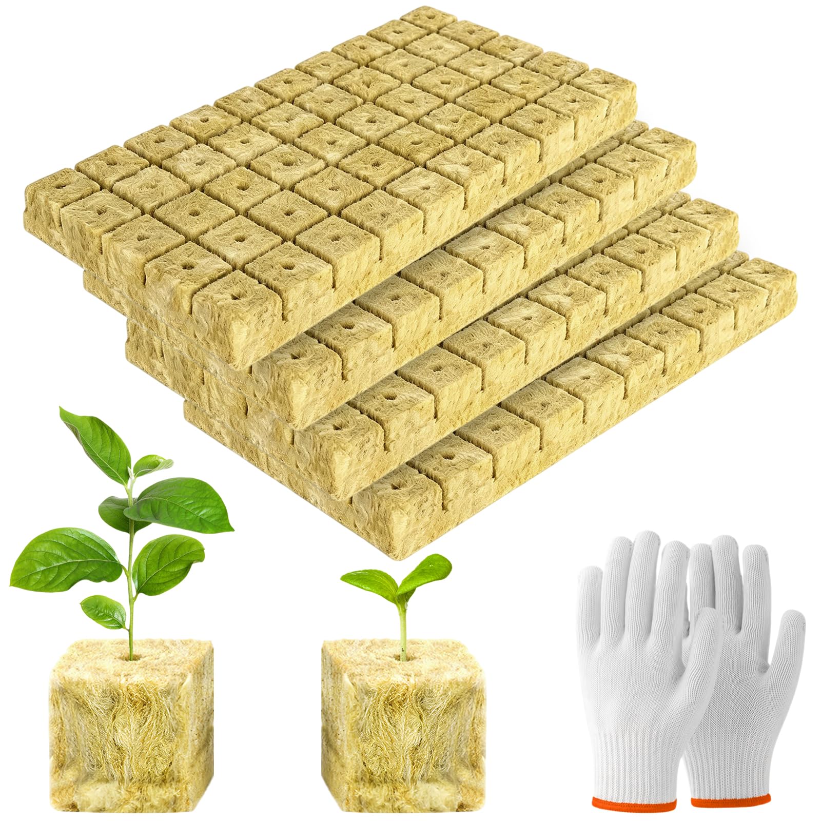 200Pcs Hydroponic Rockwool Grow Cubes with Gloves,Planting Cubes with Holes