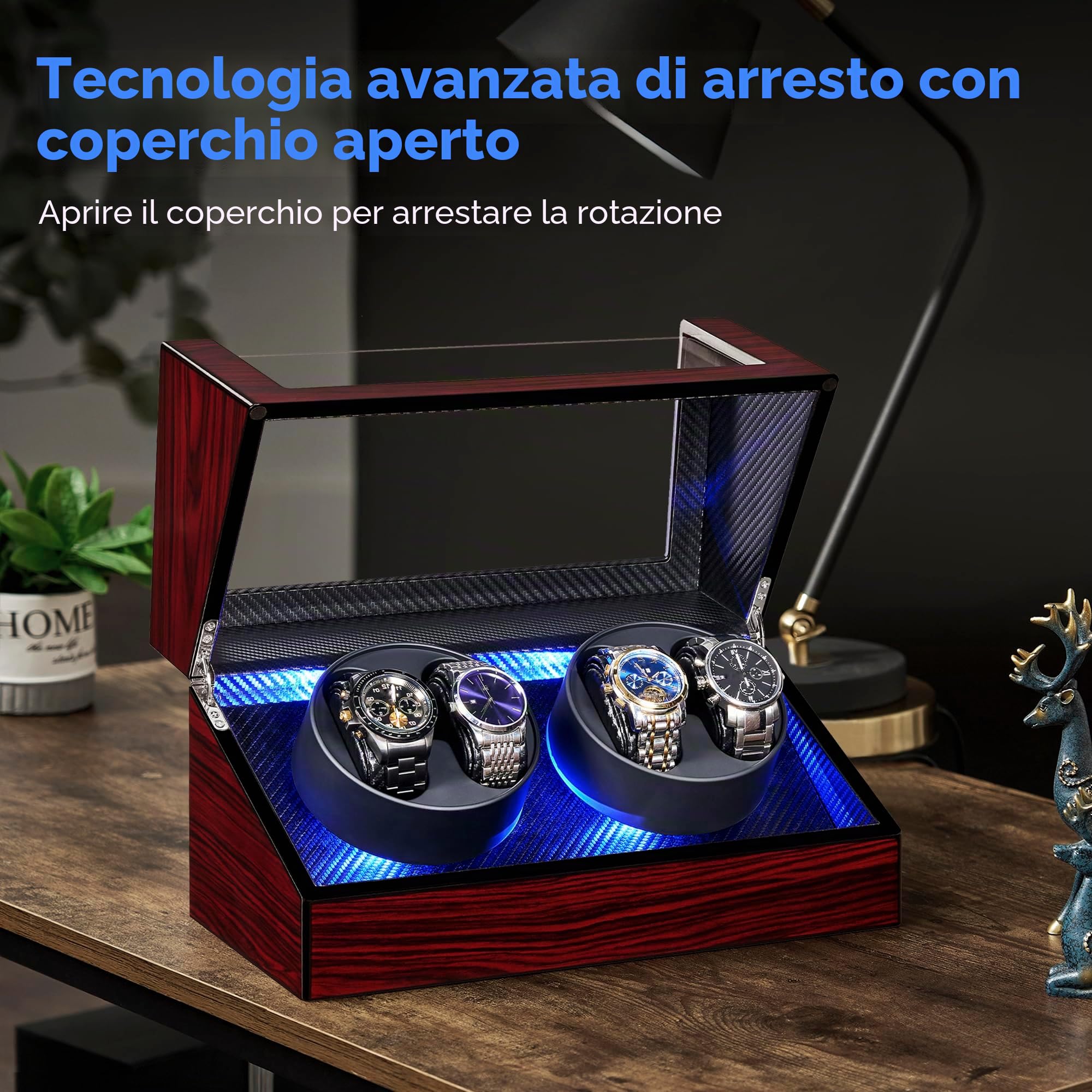 ANWBROAD Watch Winder, Scatola Caricaorologi Automatica con Luce LED, Rotazione Automatica Dell'orologio, 4 Rotatori per Orologi e Motore Super Silenzioso, JWW011Y