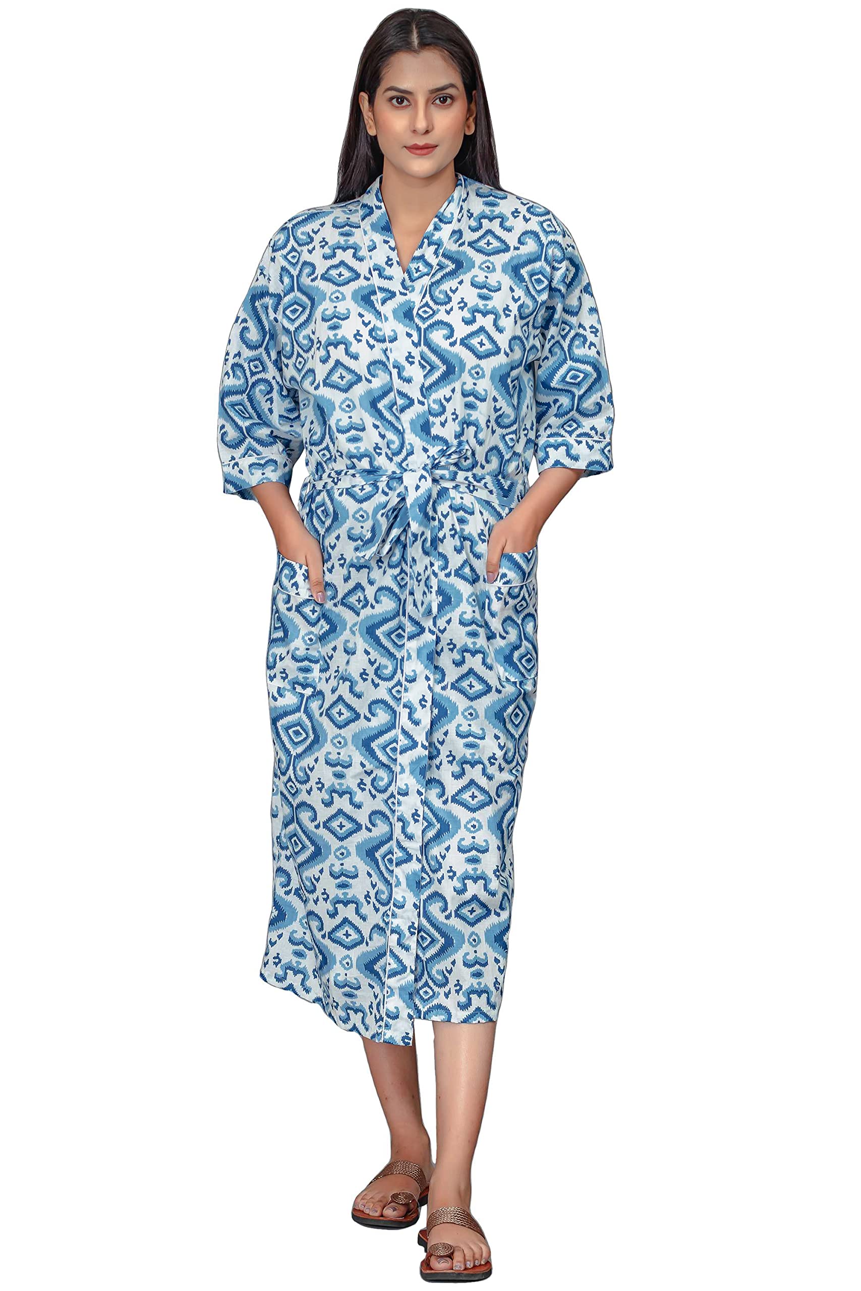 Pure Indian Cotton Cloth Kimono For Women Beutiful Hand Block Blue Printed Kimonos Dress Gift For Her Comfertable And Lightweight Dress-image-16