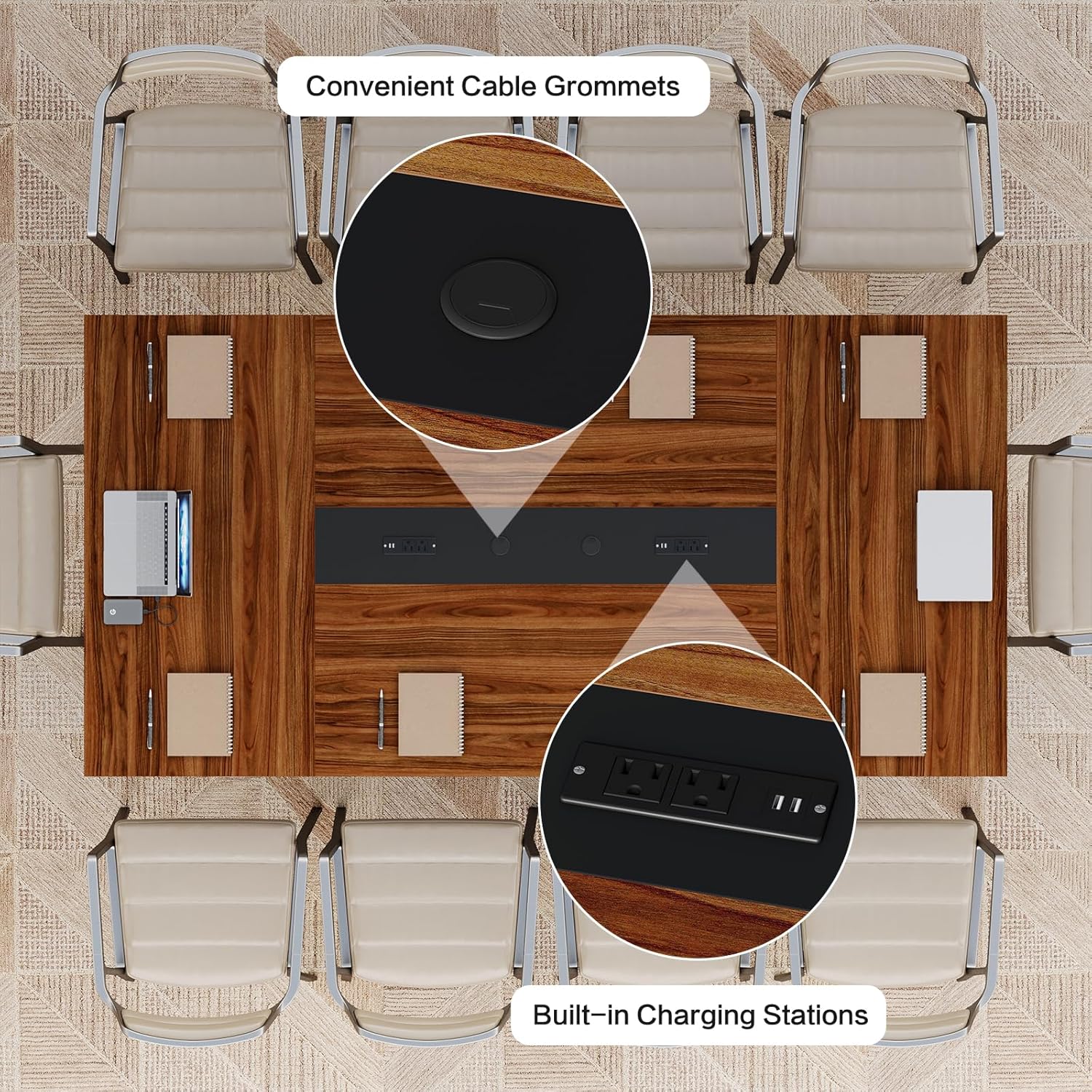 8FT Conference Table with Power Outlets & Cable Grommets, Large Meeting Table for 10 People, Strong Metal Frame, Industrial Office Conference Table for Conference Room, Meeting Room, Office