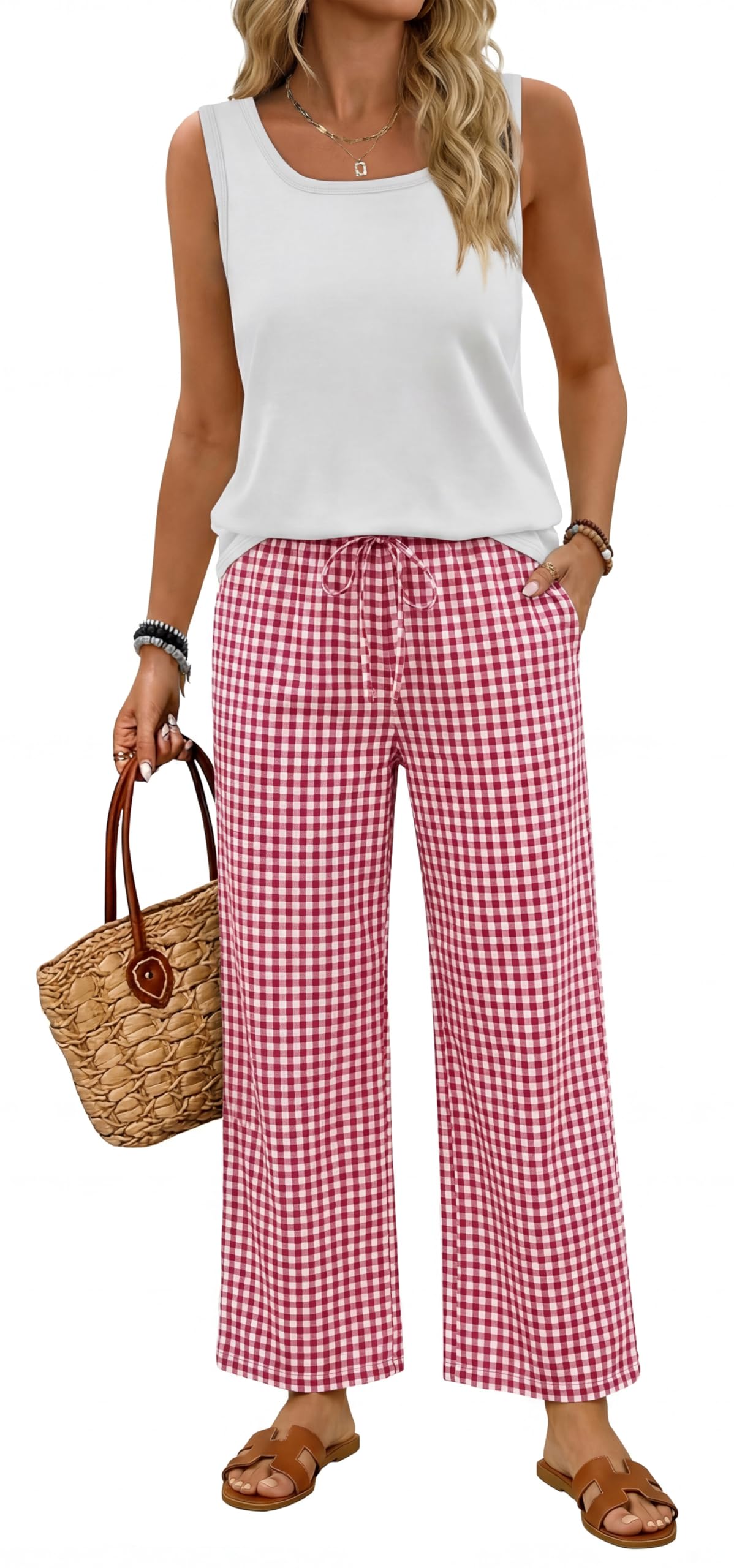 WIHOLL Two Piece Sets for Women Summer Spring Outfits Tank Square Neck Sleeveless Travel Vacation Lounge Wide Leg Pants Set — view 7