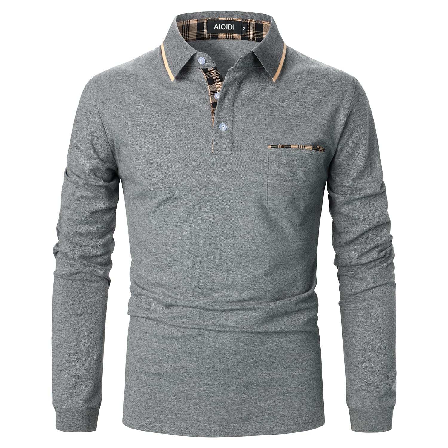 AIOIDI Baumwolle Herren Plaid Poloshirt Langarm Basic Tennis