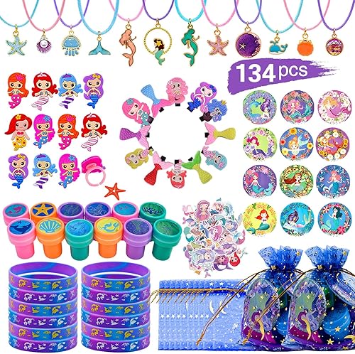 U-PTYTM 96 piezas de decoraciones de cumpleaños de sirena para niñas, suministros de fiesta incluyen 12 pulseras, 12 collares, 12 llaveros, 12