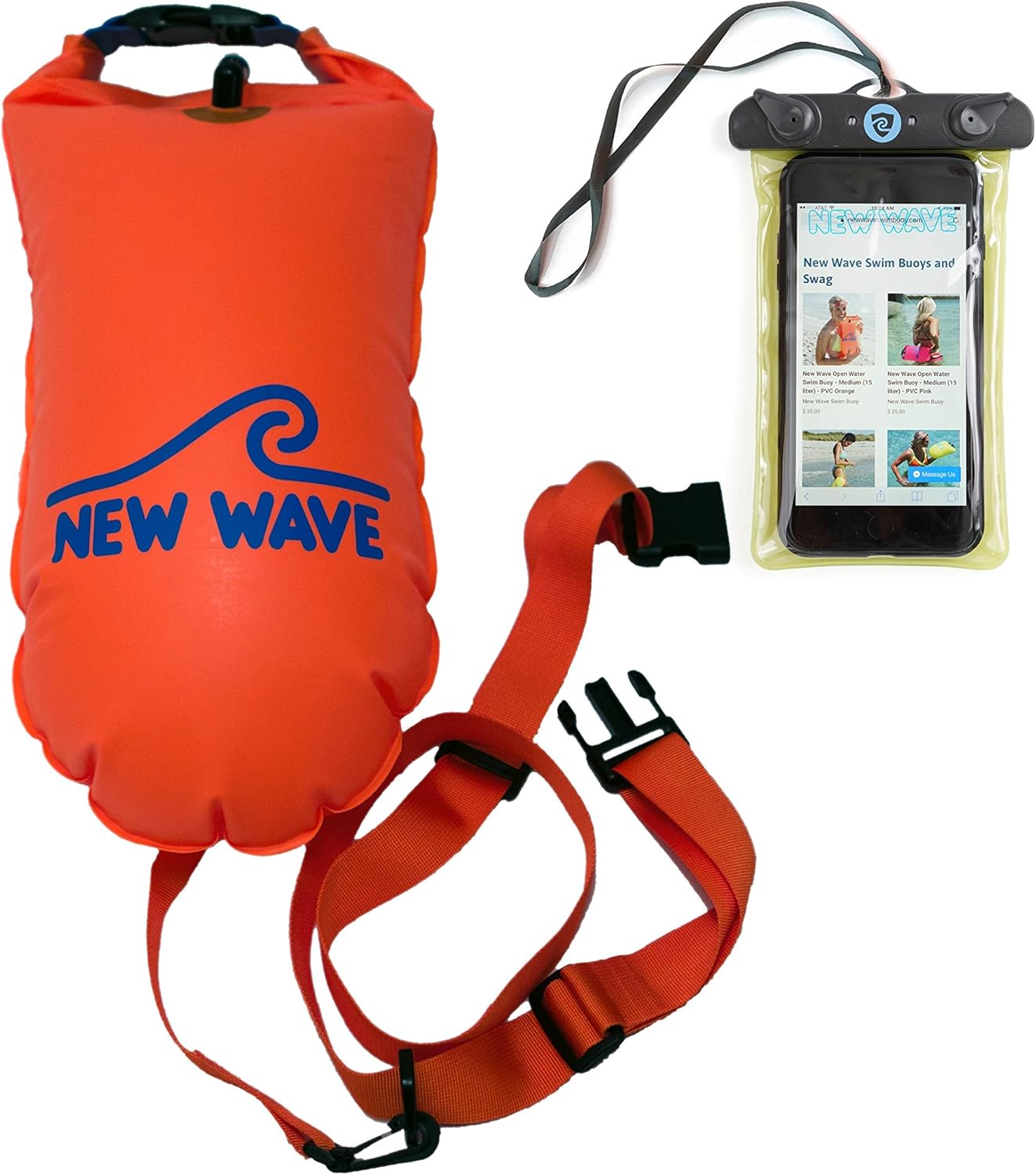 New Wave Swim Buoy (TPU 15 Liter Orange) and Phone Pouch Bundle