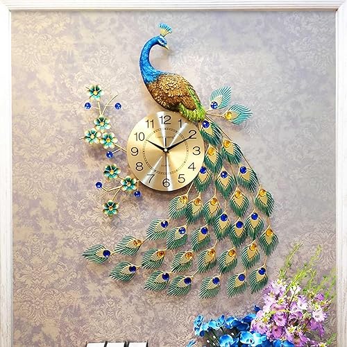 Reloj de pared de arte moderno, reloj de pared grande de cristal de pavo real, reloj de pared grande de diseño moderno 3D, diseño de metal, sin