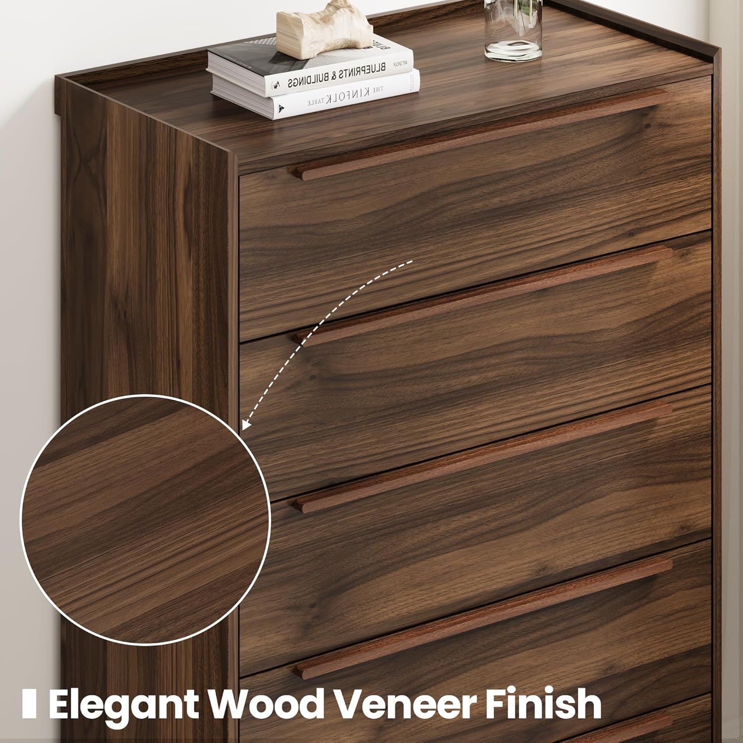 32" Wide Walnut 5 Drawer Dresser, 48" Tall Mid-Century Modern Chest of Drawers for Bedroom, Slim Vertical Wood Grain Storage Cabinet with Raised Edge & Anti-Tip Kit - Image 8