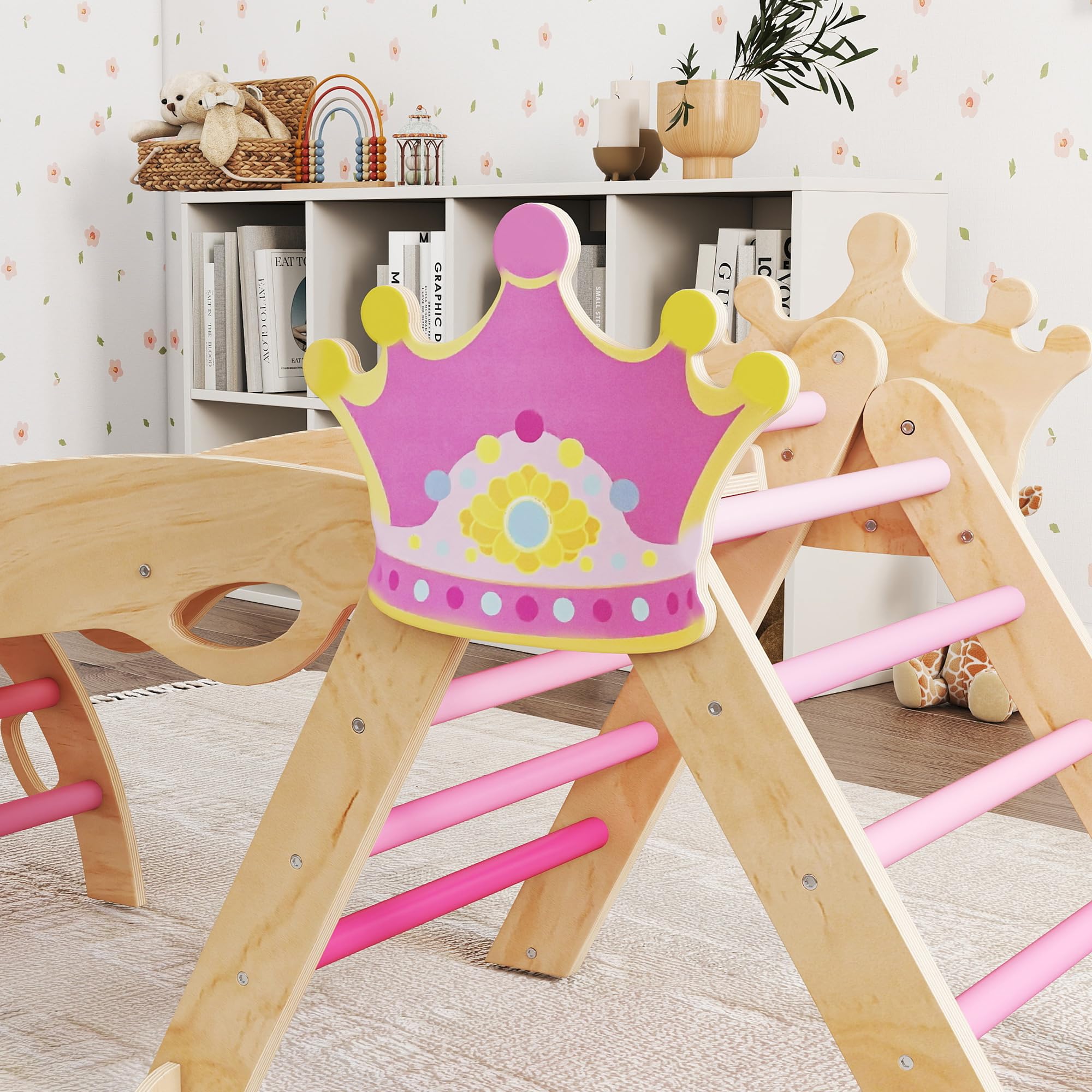 AIYAPLAY 8-in-1 Montessori Klettergerüst Indoor Holz Kletterdreieck mit Kletterbogen, Rutsche, Kronenmotiv, Indoor Spielplatz mit Rampe, Schaukelbogen, für Kinder von 1,5-4 Jahre, Rosa