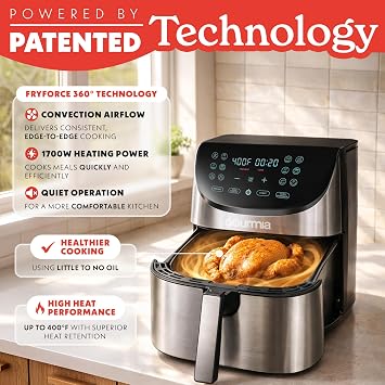 Gourmia Air Fryer - 8 Qt Extra Large Capacity, FryForce360o, Digital Display with 12 Presets, Roast, Bake, Broil, Dehydrate, Dishwasher Safe Accessories, Stainless Steel