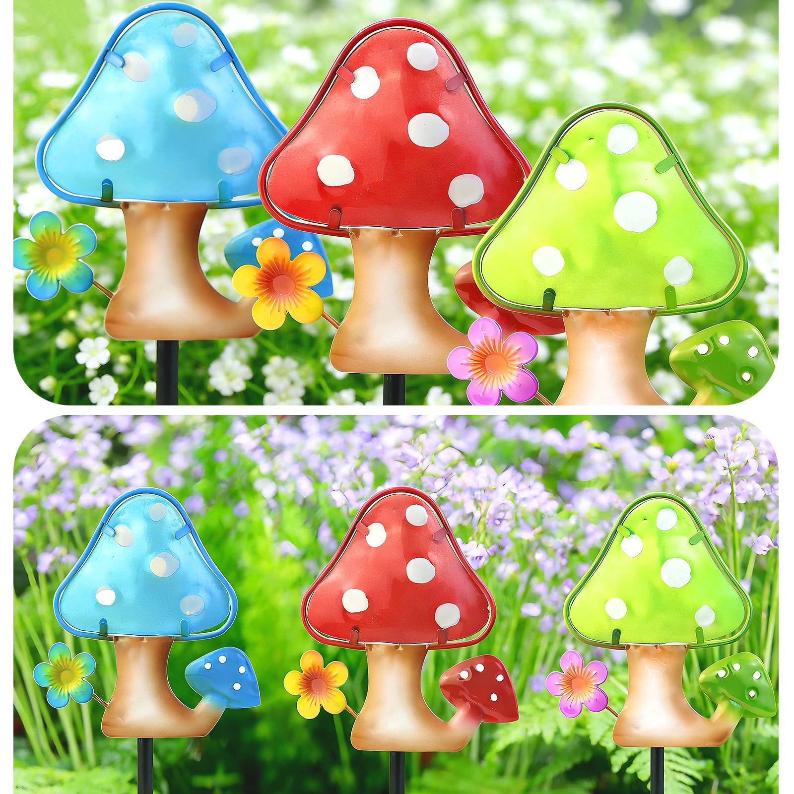 Mushroom Garden Stakes Set of 3 Metal Glass 10" Outdoor Yard Lawn Decor view 7