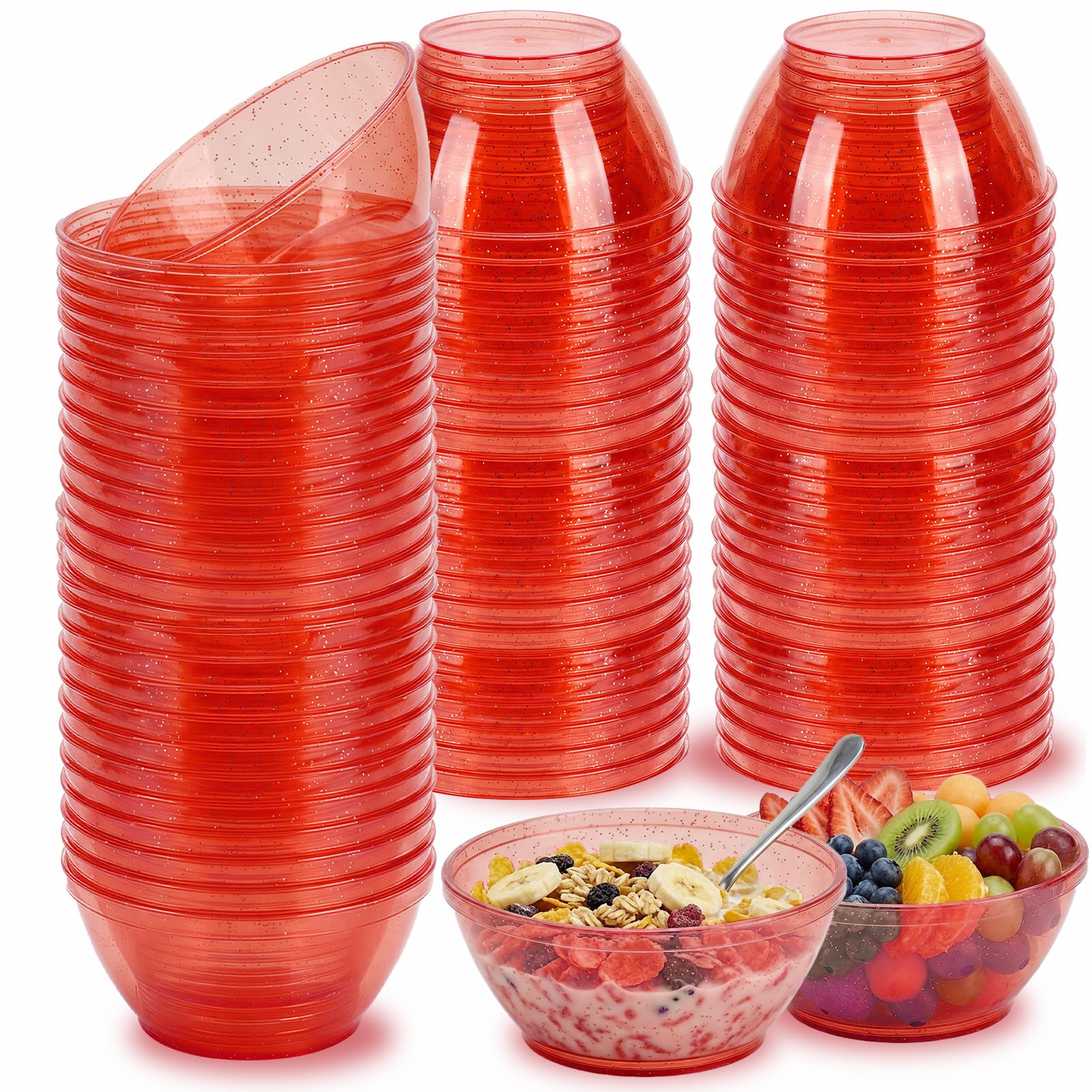 Photo 1 of 100 Pack 6oz Glitter Red Disposable Plastic Bowls, Glitter Small Bowls for Ice Cream, Candy, Salsa, Fruit. Great for Mother's Day, Parties, Birthday, Weddings, Baby Showers, Holiday Events ( Red)