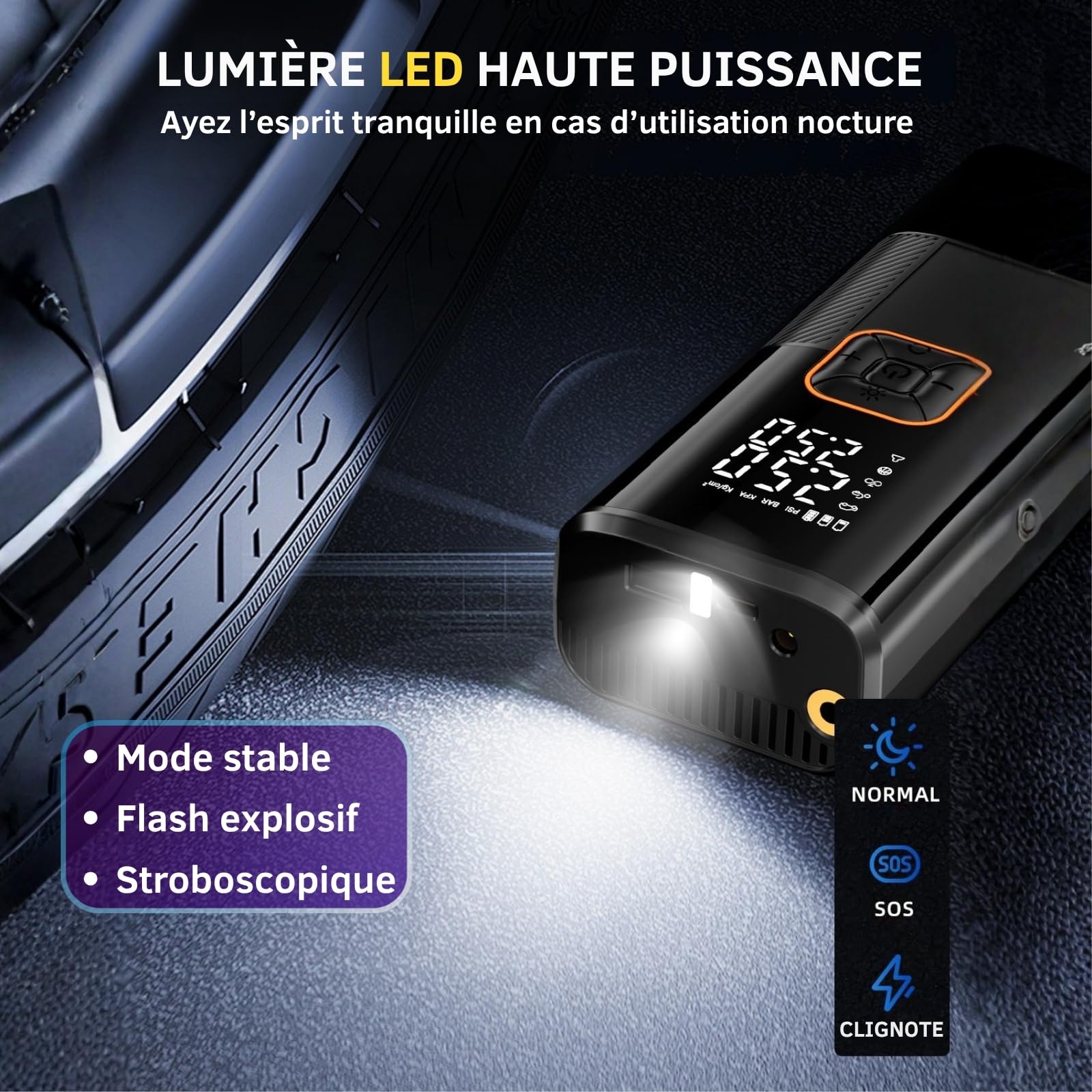 OSHUN Gonfleur Pneus Voiture sans Fil Mini Compresseur à Air Portatif 150 PSI (10,3 Bar) Inflation Rapide Gonfleur Electrique Puissance 100W Cylindre 19 mm Affiche 2 Valeur avec 3M Allume-Cigare 12V