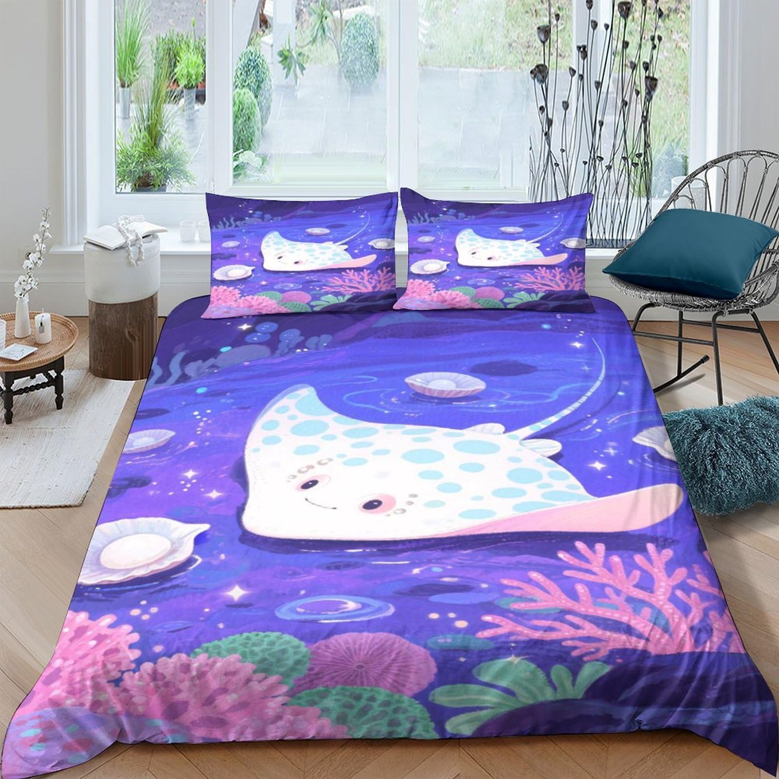 Ctjqhvkz Style-3 3D Printed Ocean Ray Fitted Sheet Microfiber Soft Blue Coral Reef Mattress Cover For Bedroom Dorm Decoration Single（135X200cm）