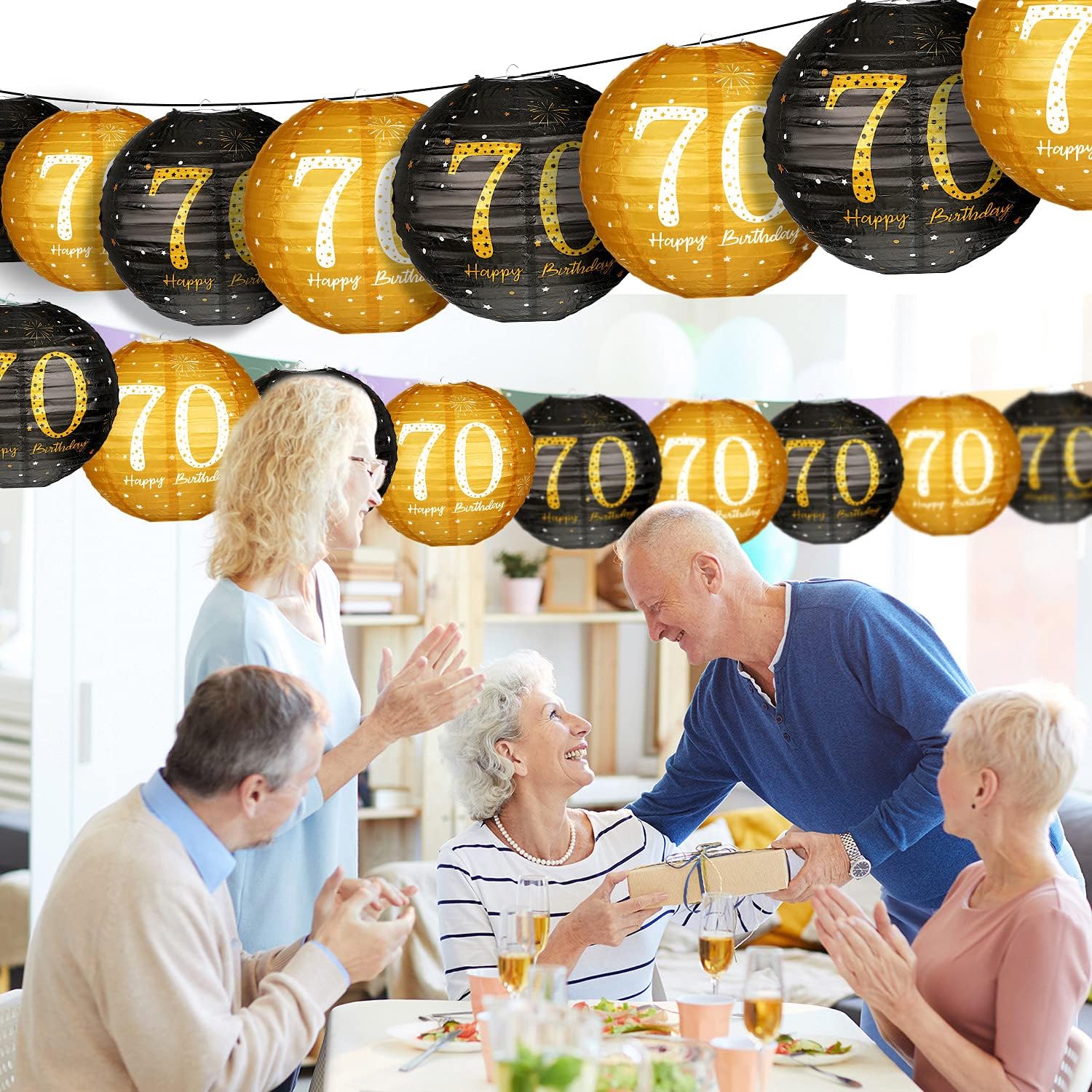 Blulu 6 Pieces Birthday Party Decorations Hanging Paper Lanterns Black Gold Glittery Anniversary Sign for Men Women Teen Birthday Party Decorations Supplies(70th Style)