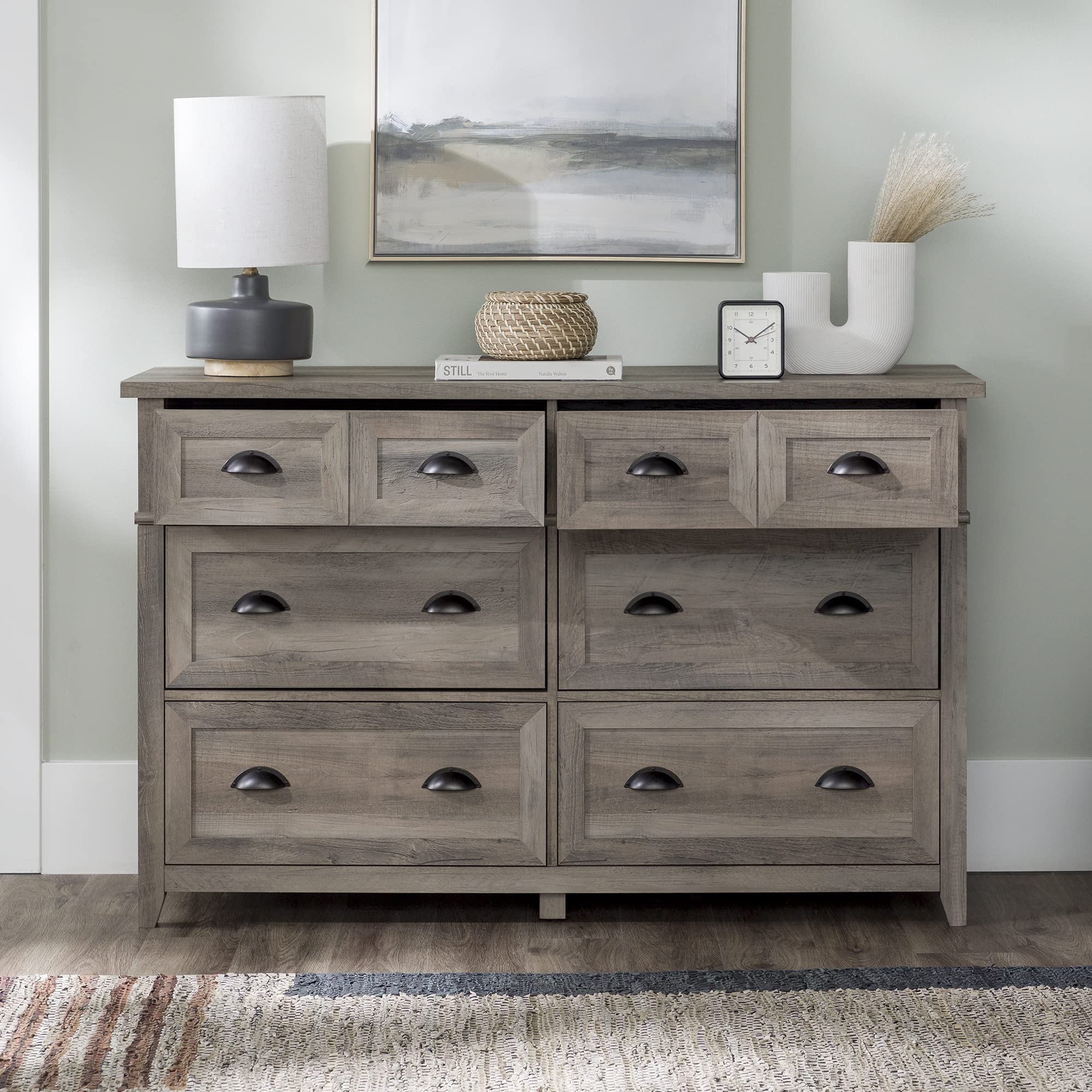 Walker Edison Hazel Modern Farmhouse 6 Drawer Framed Dresser with Half-Moon Handles, 52 Inch, Grey Wash