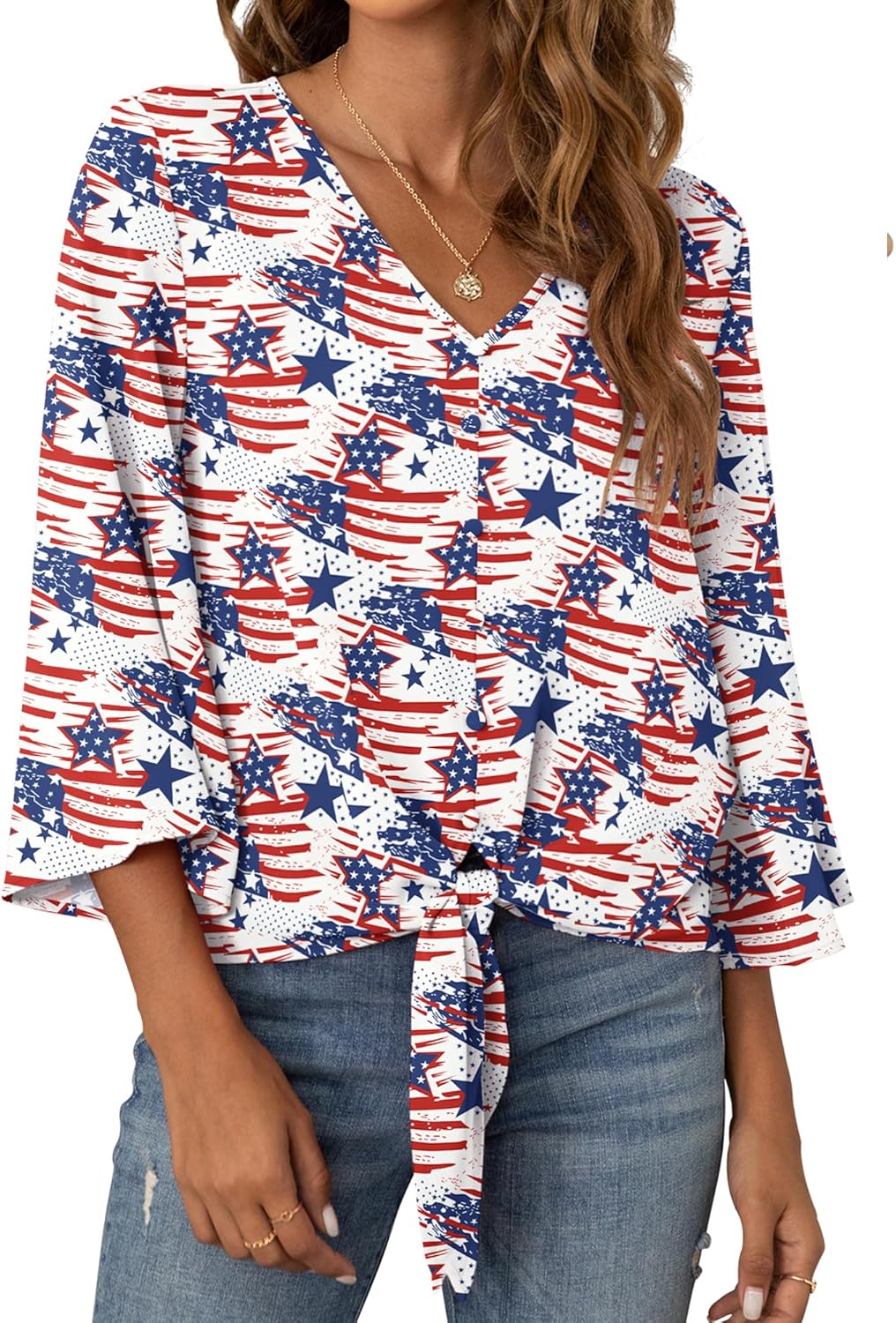 VIISHOW Women's Button V Neck Chiffon Tops 3/4 Bell Sleeve Tie Knot Casual Blouses Loose Summer Shirts