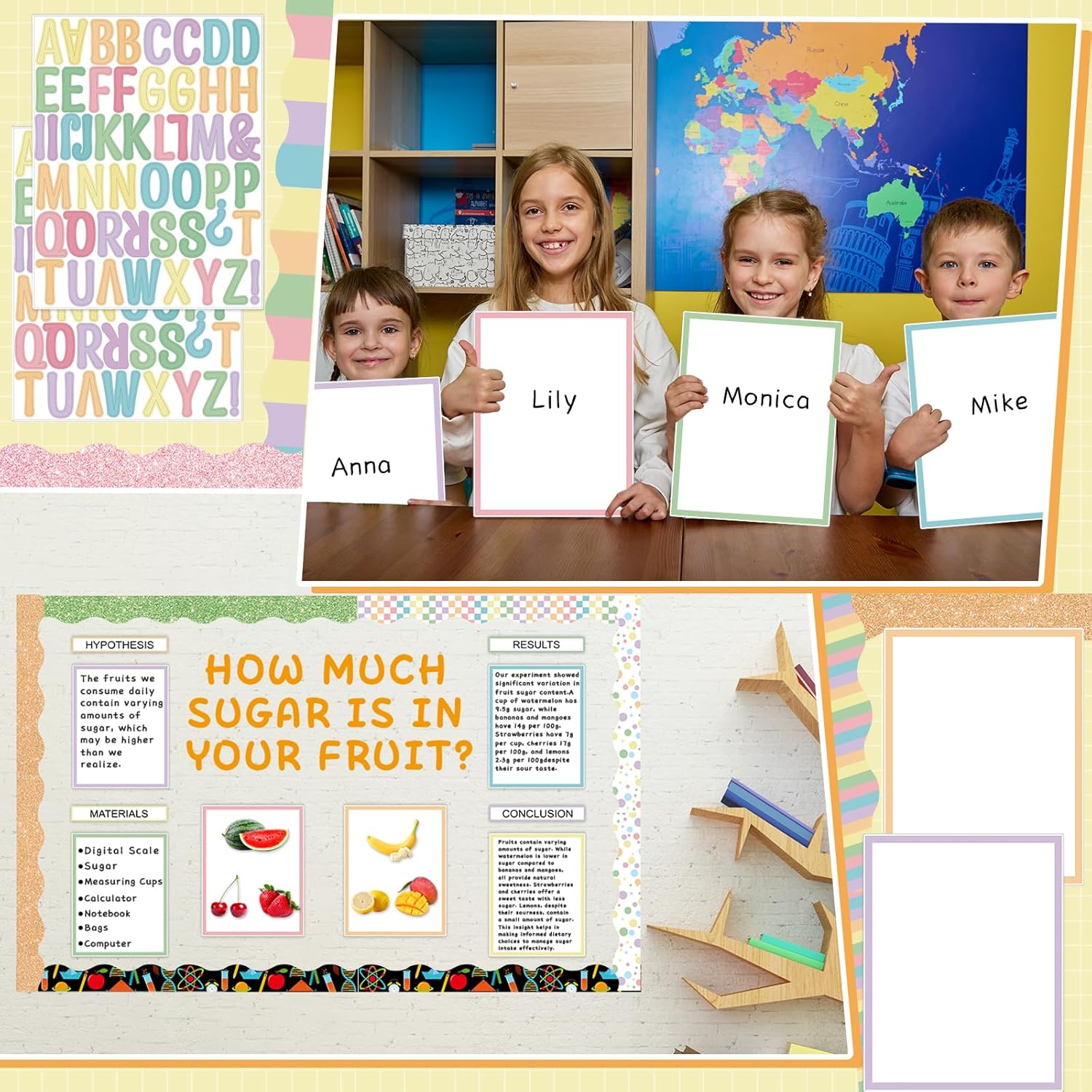 122 Pcs Science Fair Board Supplies 72 Glitter Pastel Candy Trim Scalloped Borders 36 Presentation Board Subtitles 6 Self Adhesive Project Titles 8 Letter Stickers for Classroom Office Decor(Pastel)
