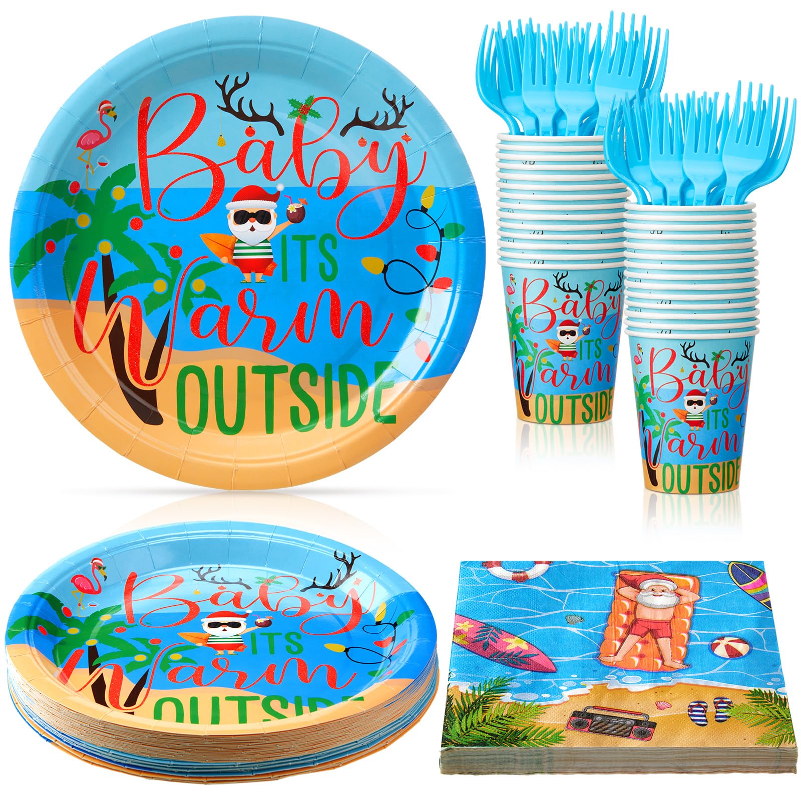 Zubebe 120 Pcs Summer Christmas Decorations July Xmas Disposable Dinnerware Set Baby It's Warm Outside Paper Plates and Napkins Dinnerware Tableware