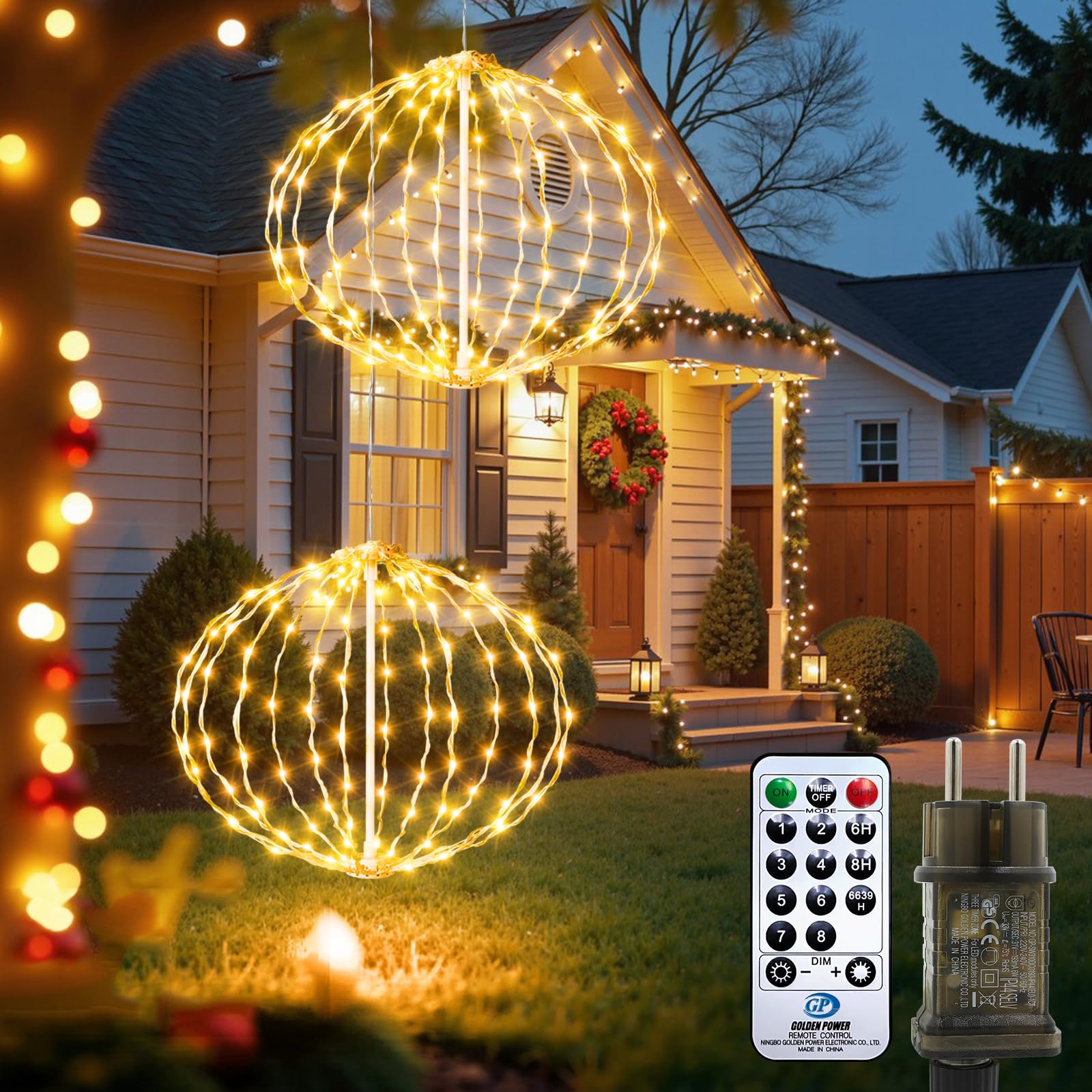 Auting Weihnachtsbeleuchtung Außen Stecker Hängende LED Kugel Lichter Timer, 20cm 81 LEDS Warmweiß, IP65 Wasserdicht Leuchtkugel Weihnachtsdeko Lichter für Fenster, Garten, Balkon,Traufe (2 Stück)