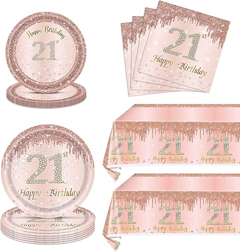 62 piezas de decoraciones de cumpleaños número 21 para niñas y ella, suministros de fiesta de cumpleaños de oro rosa incluyen 40 platos, 20