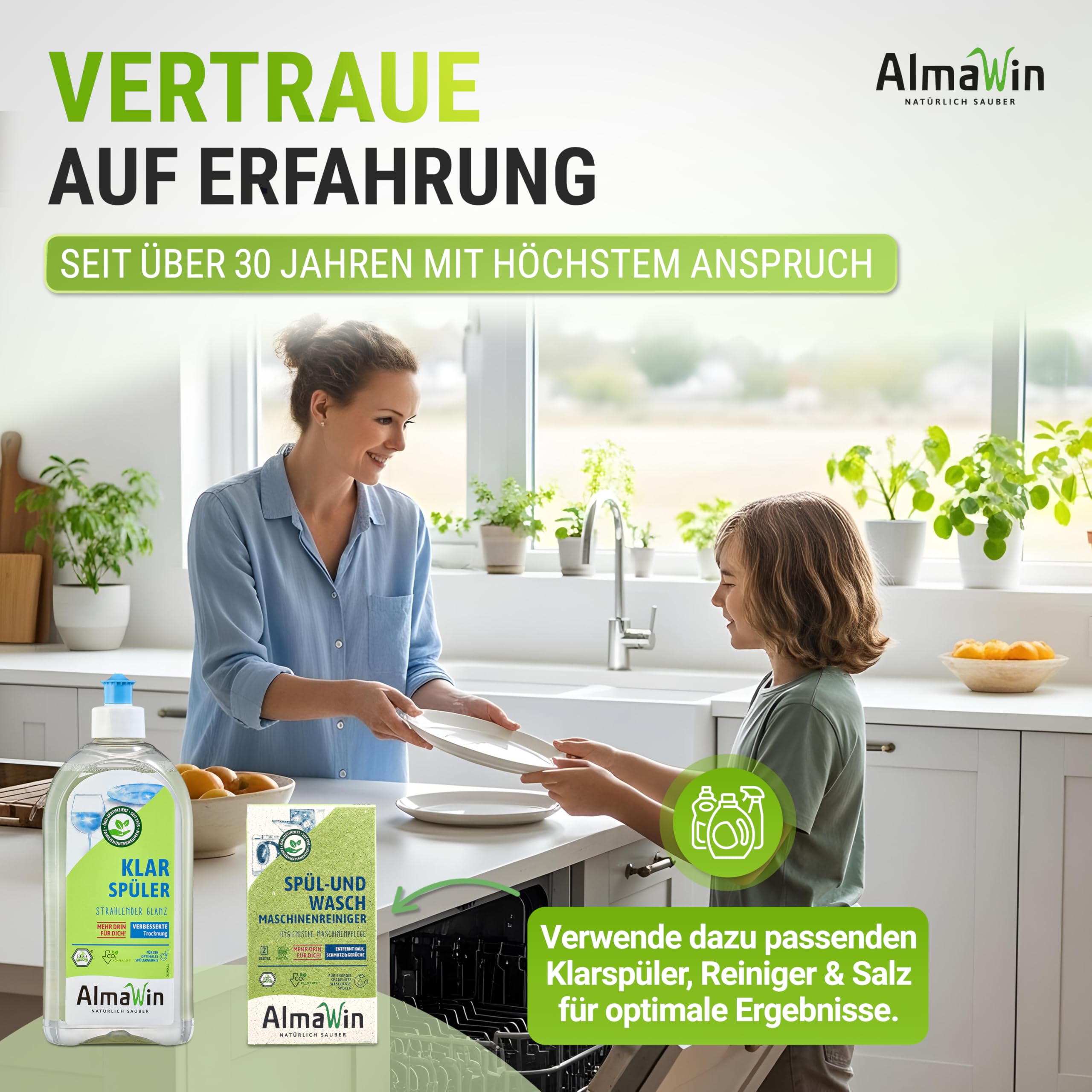 AlmaWin® Spülmaschinen Salz [18x 2kg] zum Schutz vor Kalkablagerungen & Wasserflecken - Geschirrspüler Salz für optimale Spülergebnisse - Regeneriersalz, Spezialsalz - 100% Natürlich, Bio & VEGAN