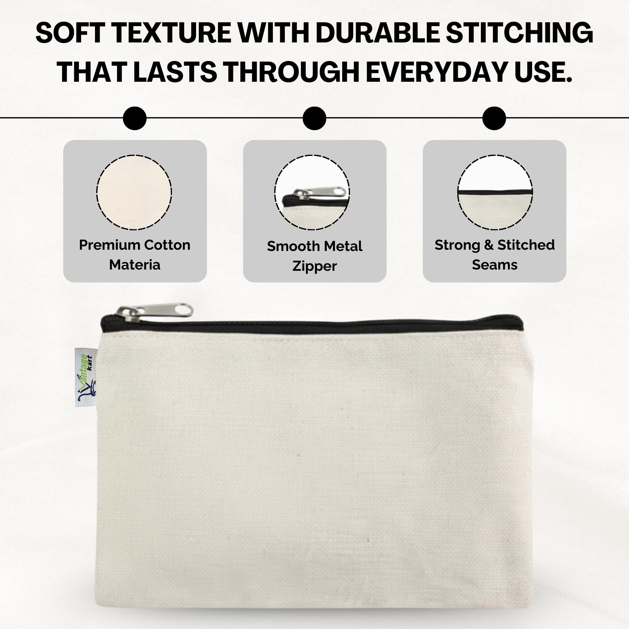 VantageKart Canvas Makeup & Pencil Pouch β Beige Cotton Case with Black Zipper | Multipurpose Pack of 6 for Printing, Artists, Students & Craft 4