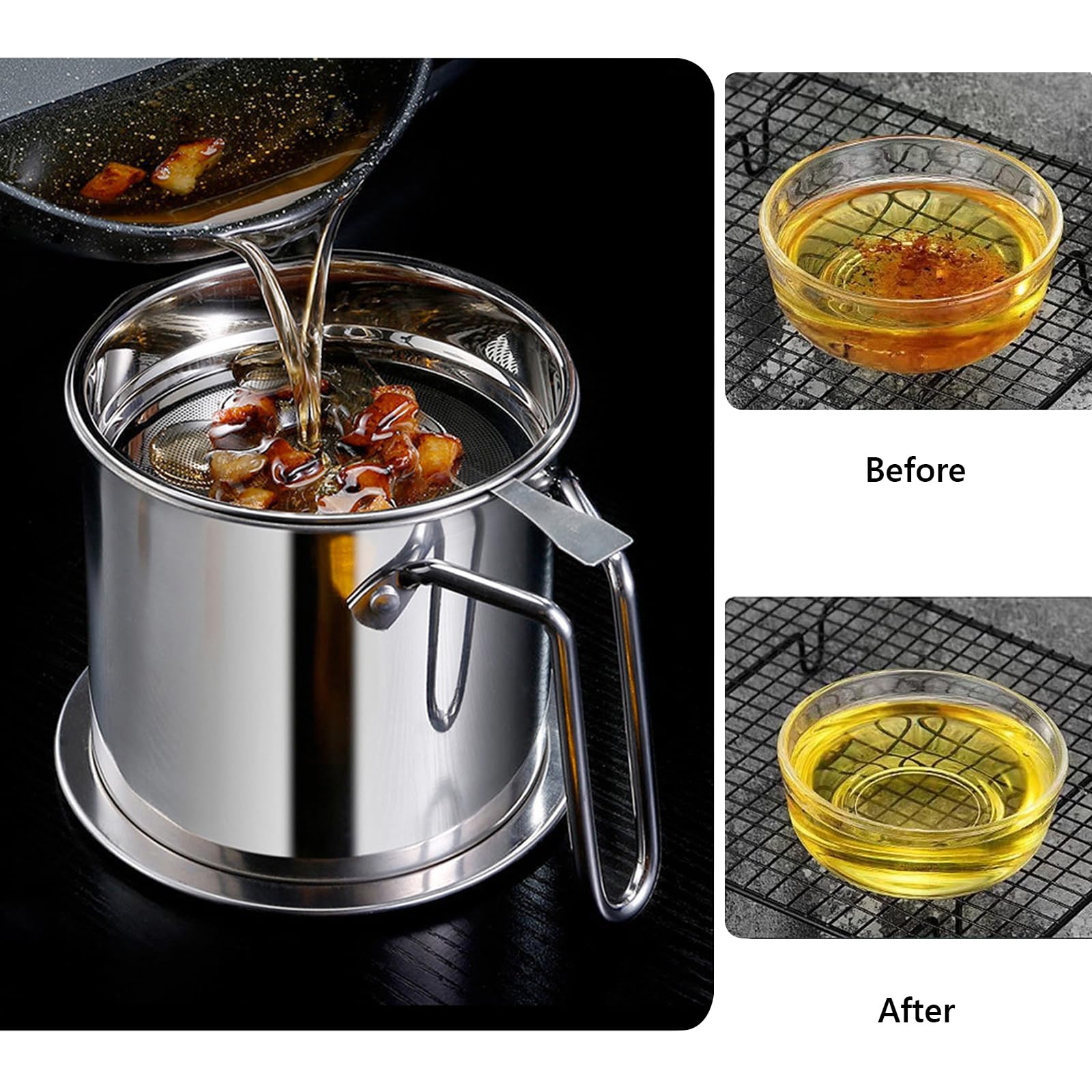 Bacon - Contenitore per grasso con colino, filtro per grasso da 1,3 l e contenitore con coperchio antipolvere, filtro dell'olio in acciaio inossidabile 304 con rete fine, 1,3 l