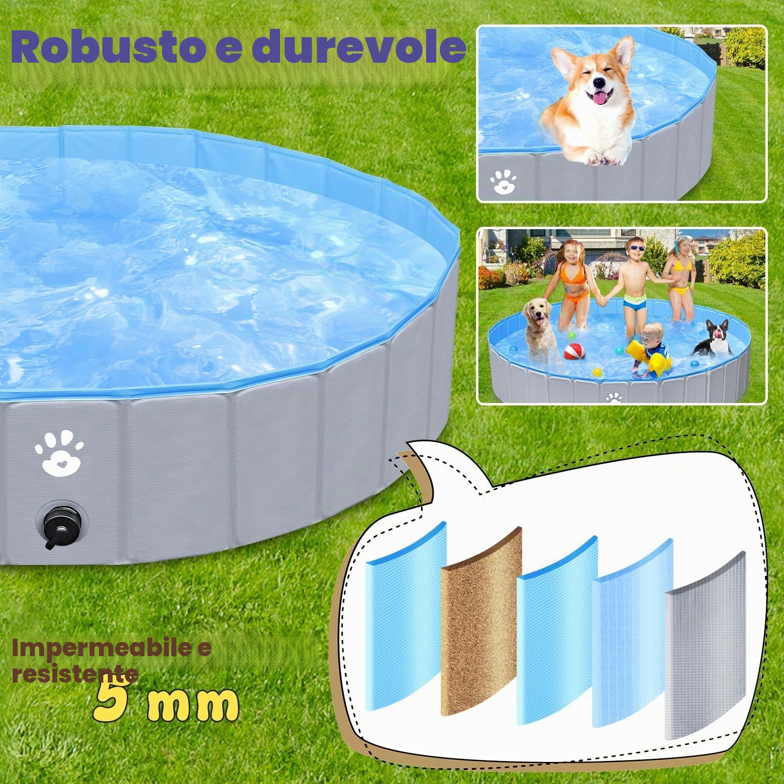 Gindoly piscina per cani Pieghevole,piscina per cani grandi&piccola,piscina per bambini da esterno,PVC robusto e resistente, antiscivolo,Rotondo, Grigio-140 * 30cm