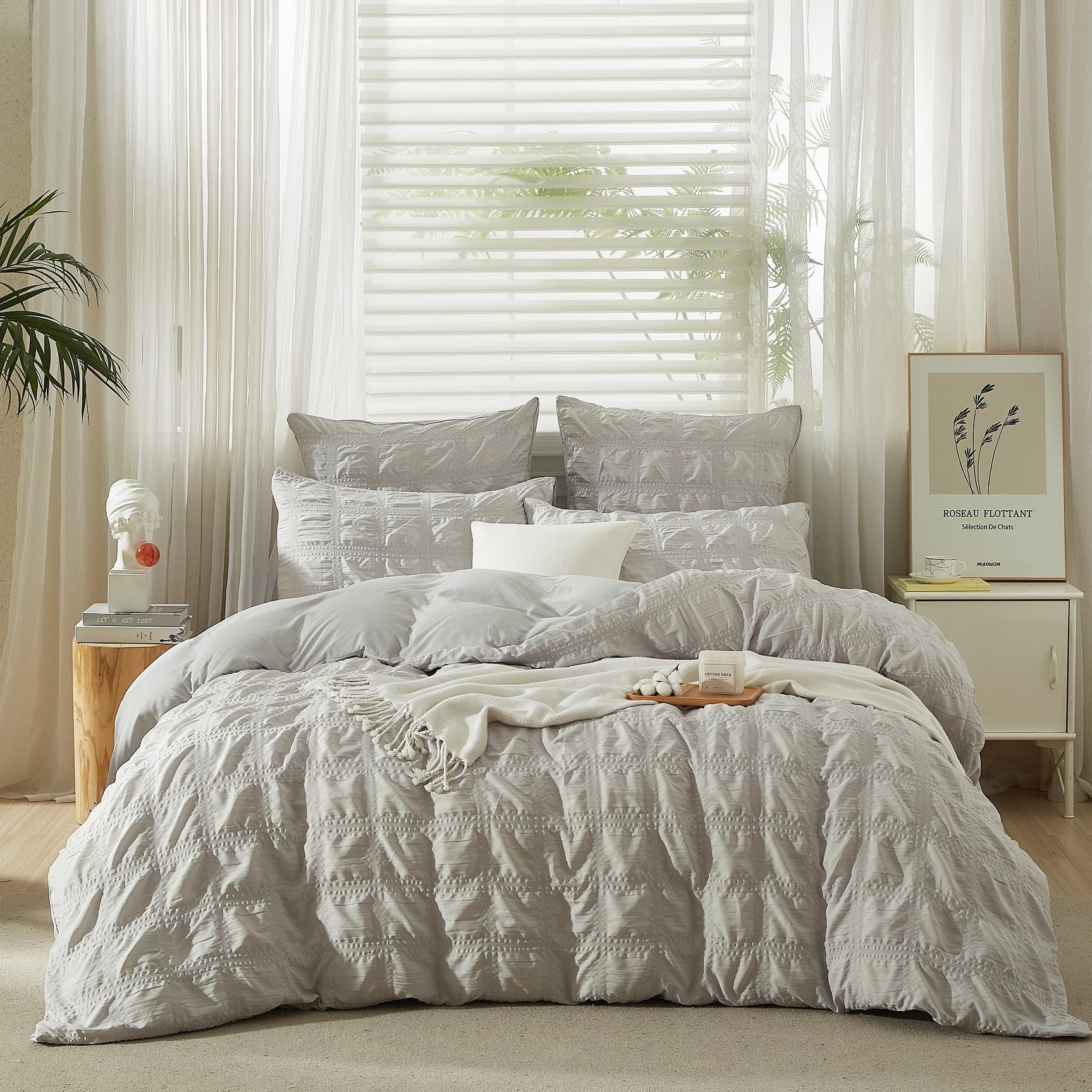 Seersucker Housse de Couette 220x240 Gris Grand À Carreaux Seersucker Parure de Lit Doux Respirant Microfibre Linge de Lit 2 Personne Adulte avec Fermeture Éclair 2 Taies d'oreiller 65x65 cm
