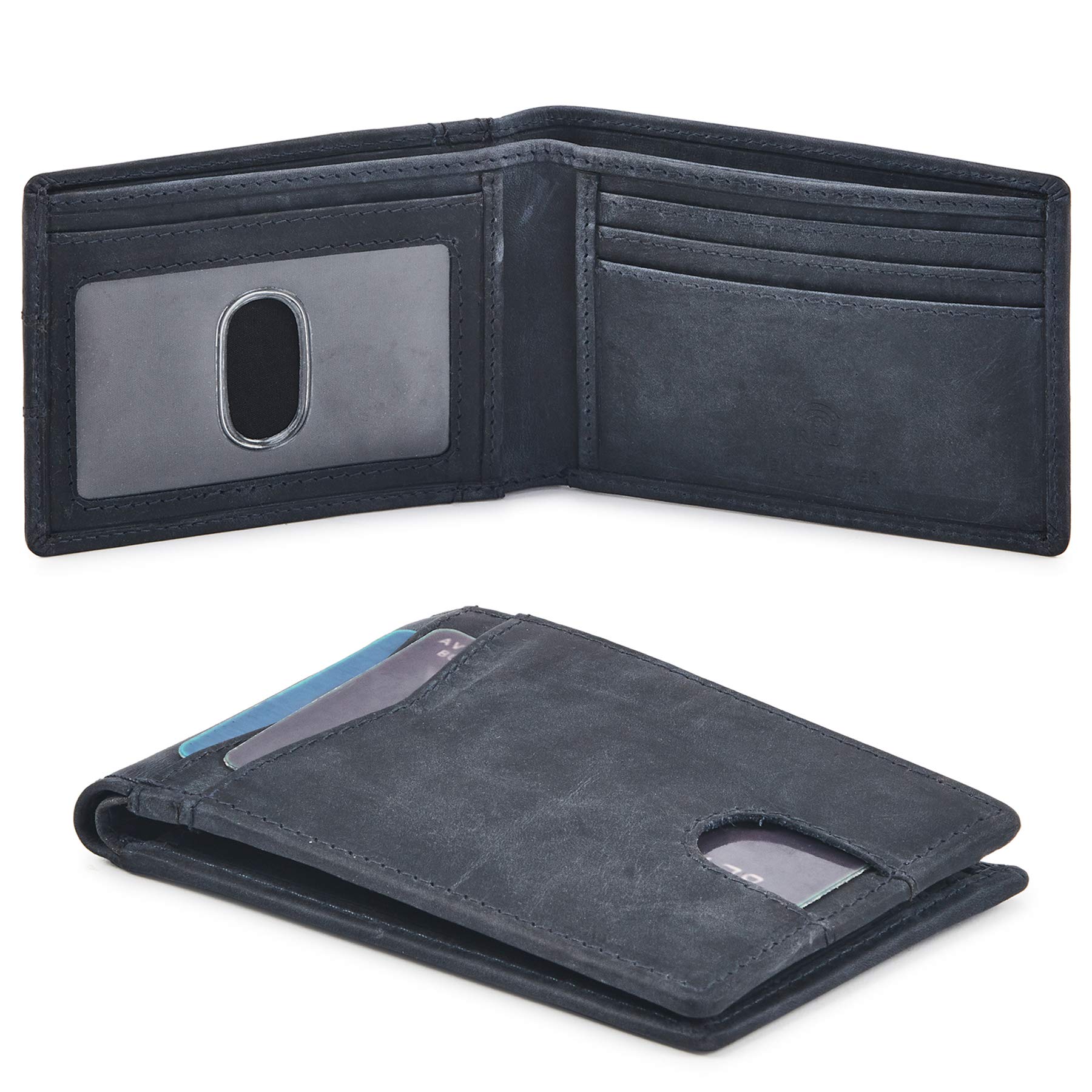 Wallet for Men Bifold Real Leather Slim RFID Blocking Front Pocket Minimalist Stylish Design with ID Window in Gift Box (Crazy Horse, Navy)