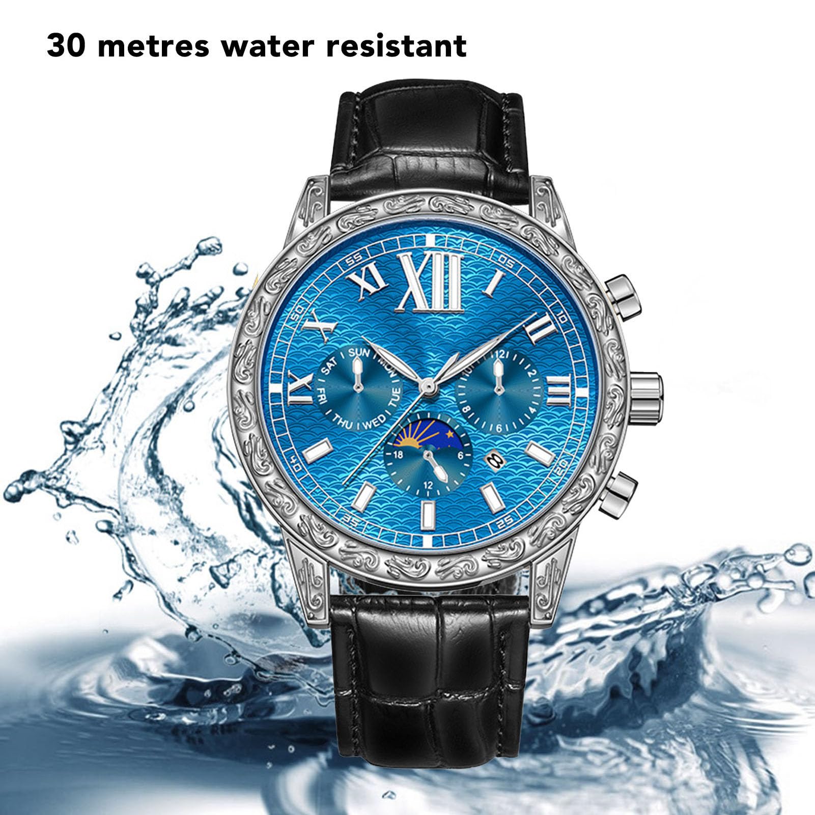 Reloj Mecánico Automático Diseño de Fase de Luna Luminosa para Uso Diario 30m Impermeable Hombres Cuero Lujo 1 Unidad