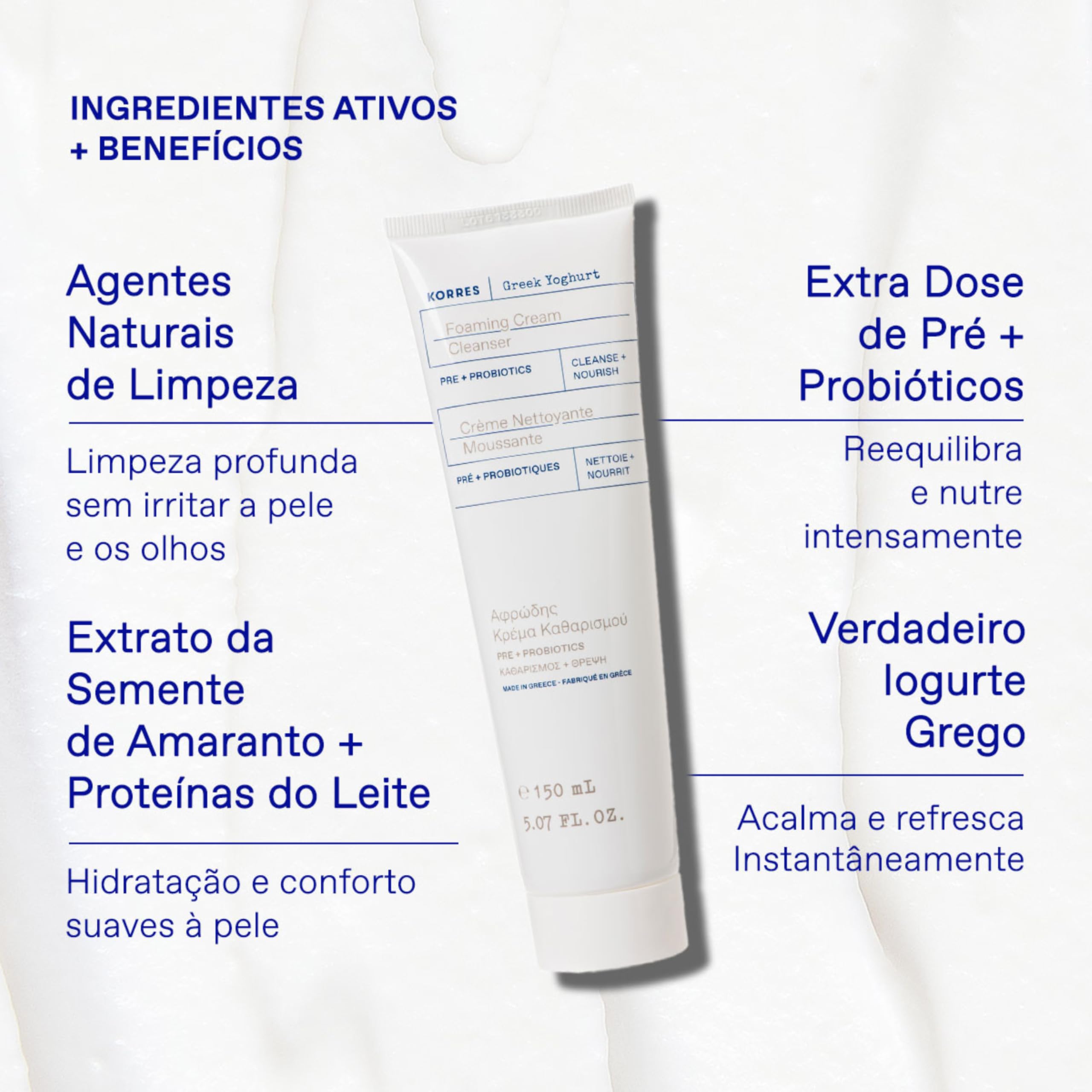 KORRES GREEK YOGHURT Crema de lavado emulsionante sin jabón para rostro y ojos, dermatológicamente probada, 150 ml