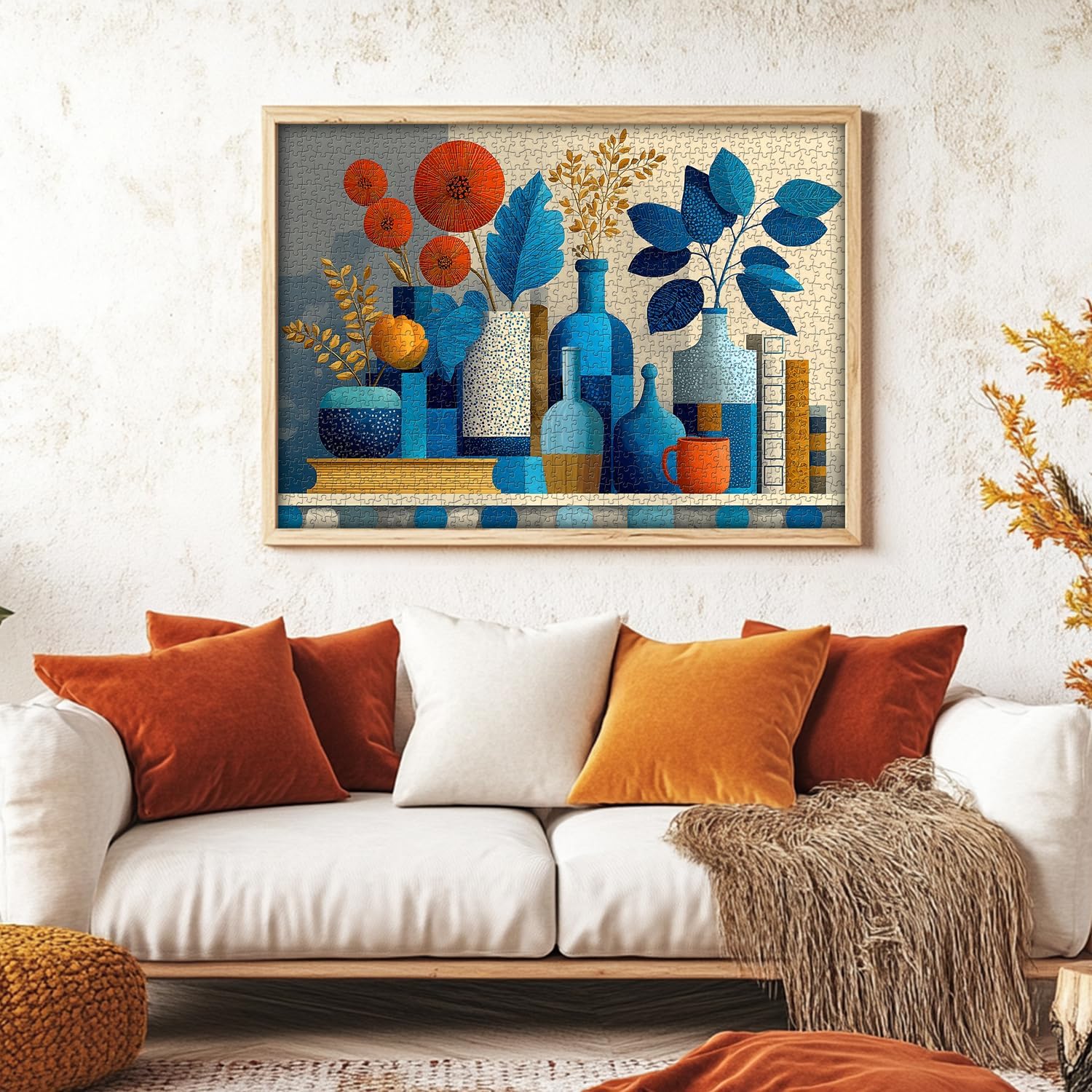 PICKFORU Geometric Vase Jigsaw Puzzles 1000 Pieces, Book Plant Puzzles for Adults, Blue Art Polka Dots Bohemian Theme as Wall Decor