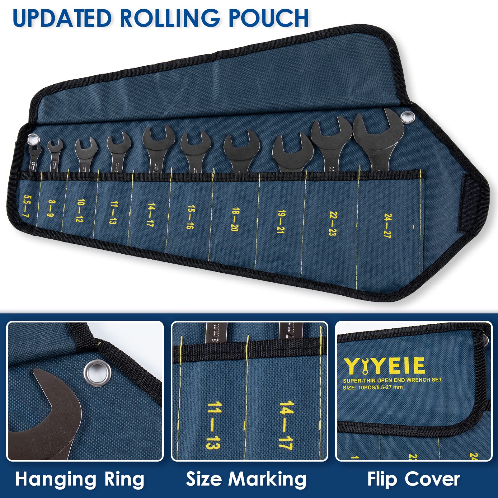 YIYEIE Set di 10 chiavi metriche super sottili, 5,5, 7, 8, 9, 10, 11, 12, 13, 14, 15, 16, 17, 18, 19, 20, 21, 22, 23, 24, 27 mm, con rivestimento in nichel, in acciaio CR-V, chiave sottile con
