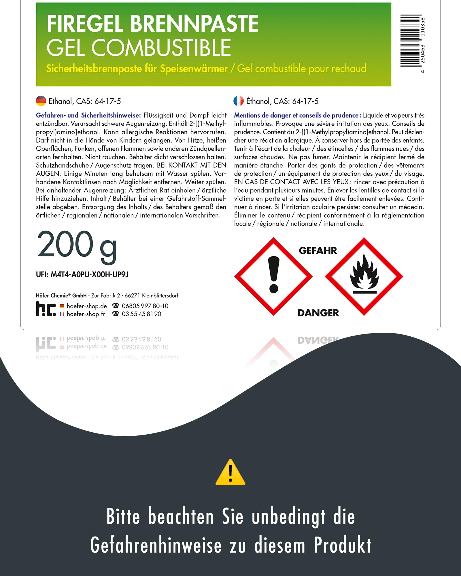 Höfer Chemie Firegel Brennpaste 6 x 200g - Zum Warmhalten von Speisen - Für Chafing Dish & Buffet - Aus Natürlichem Bioethanol - ca. 2,5 h Brenndauer